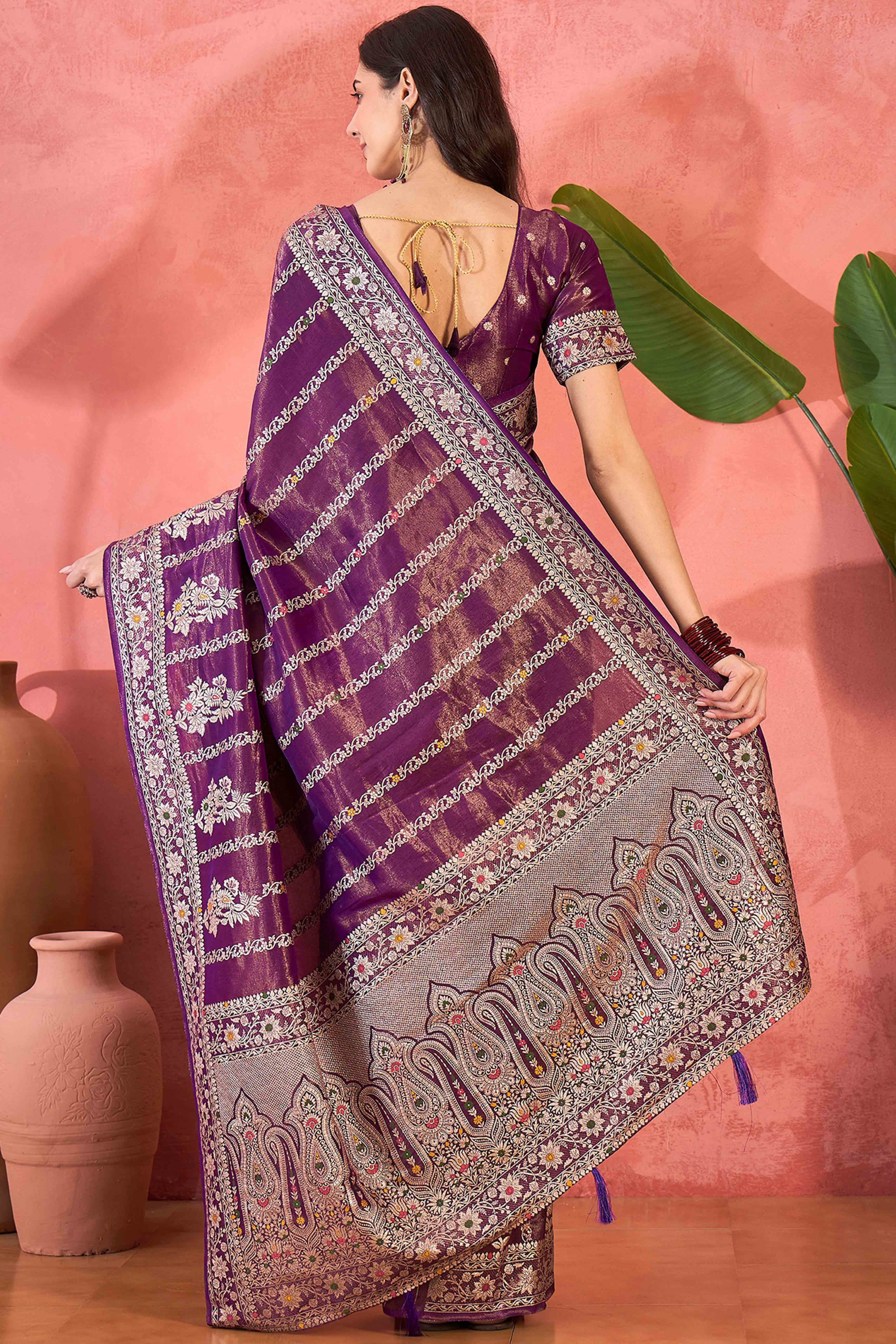 Floral Zari Woven Purple Saree In Shimmer Finish With Elegant Tassel Pallu