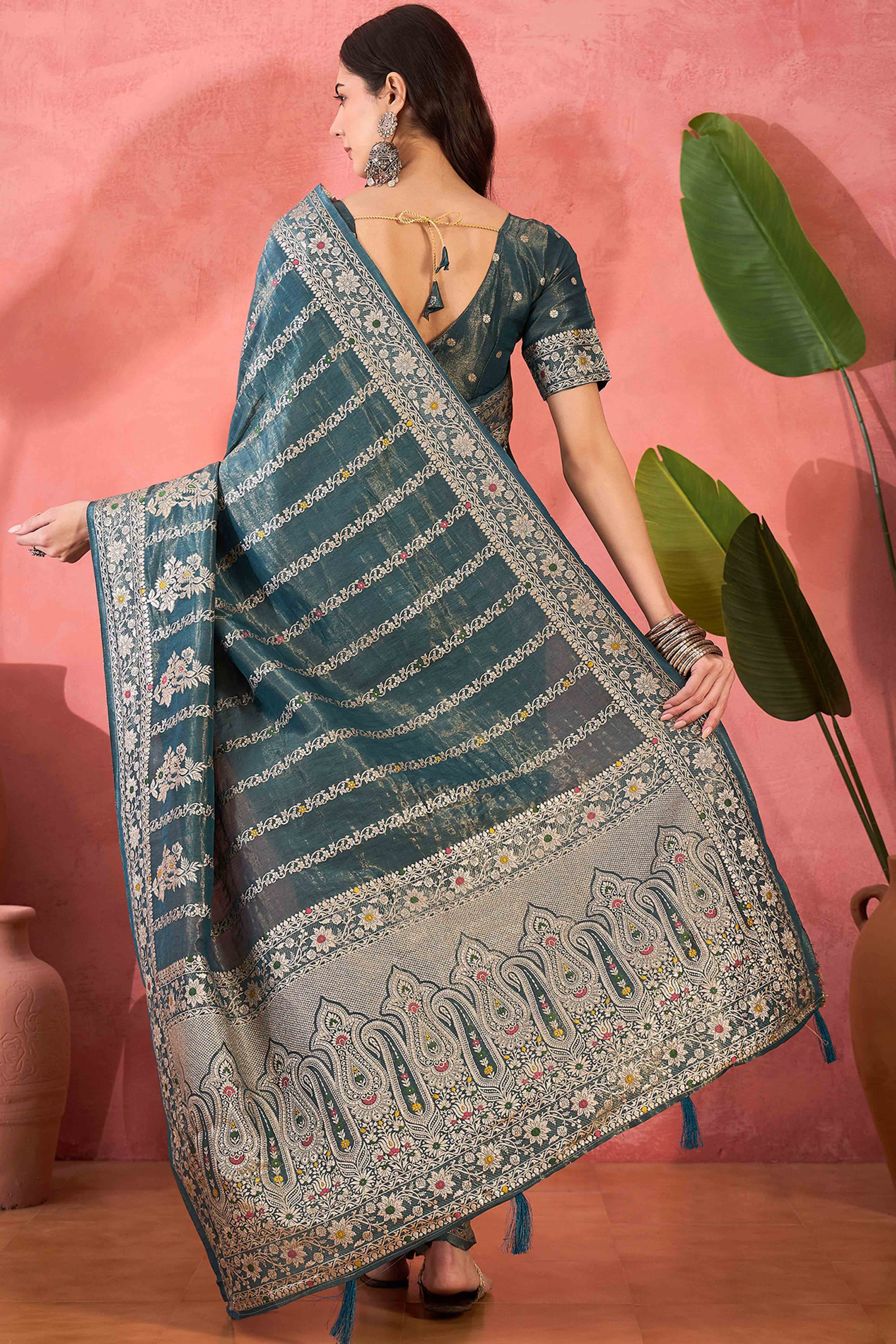 Floral Zari Woven Teal Saree In Shimmer Finish With Elegant Tassel Pallu