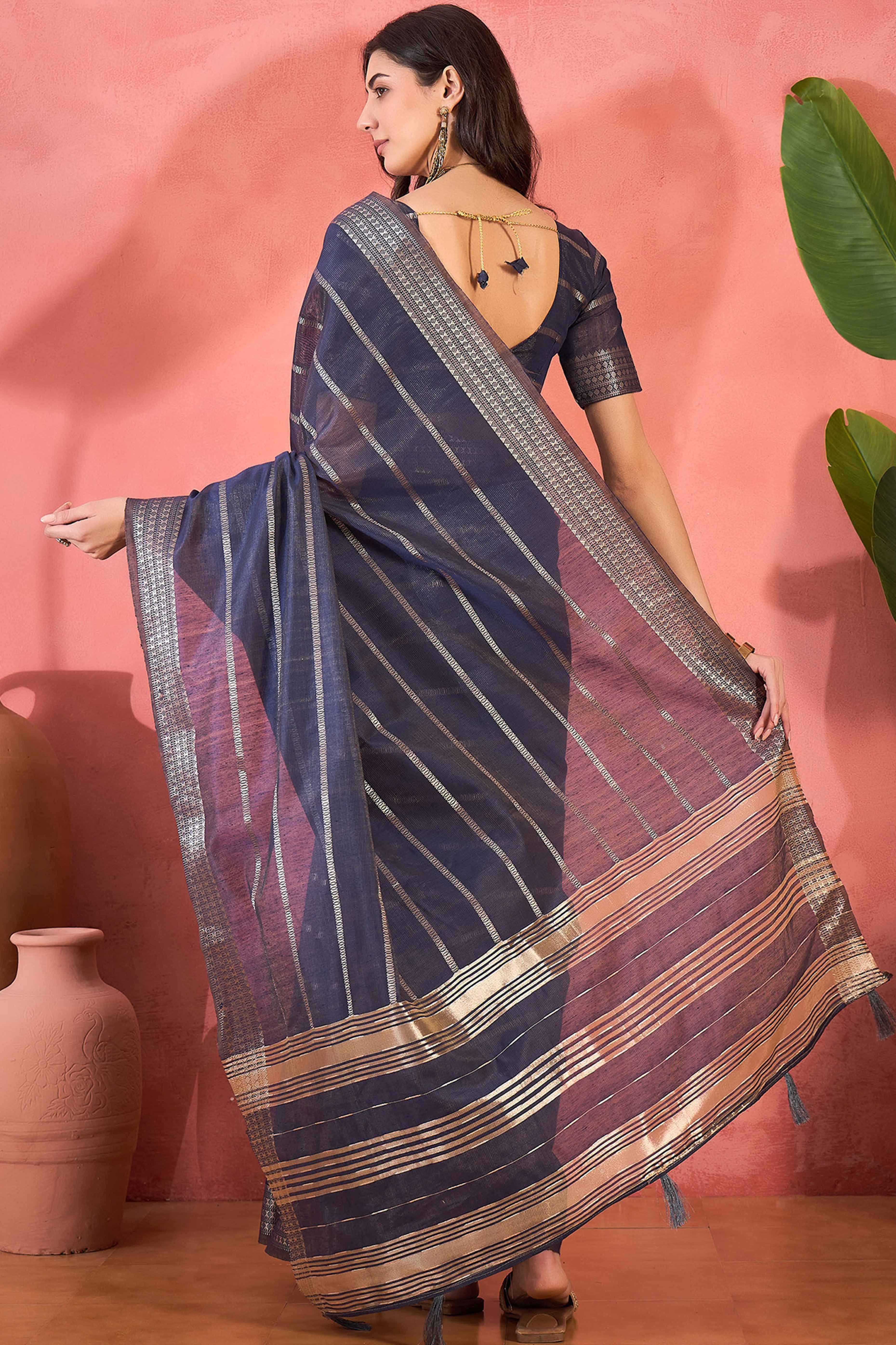 Blue Zari Striped Khadi Organza Saree With Graceful Tassel Accents