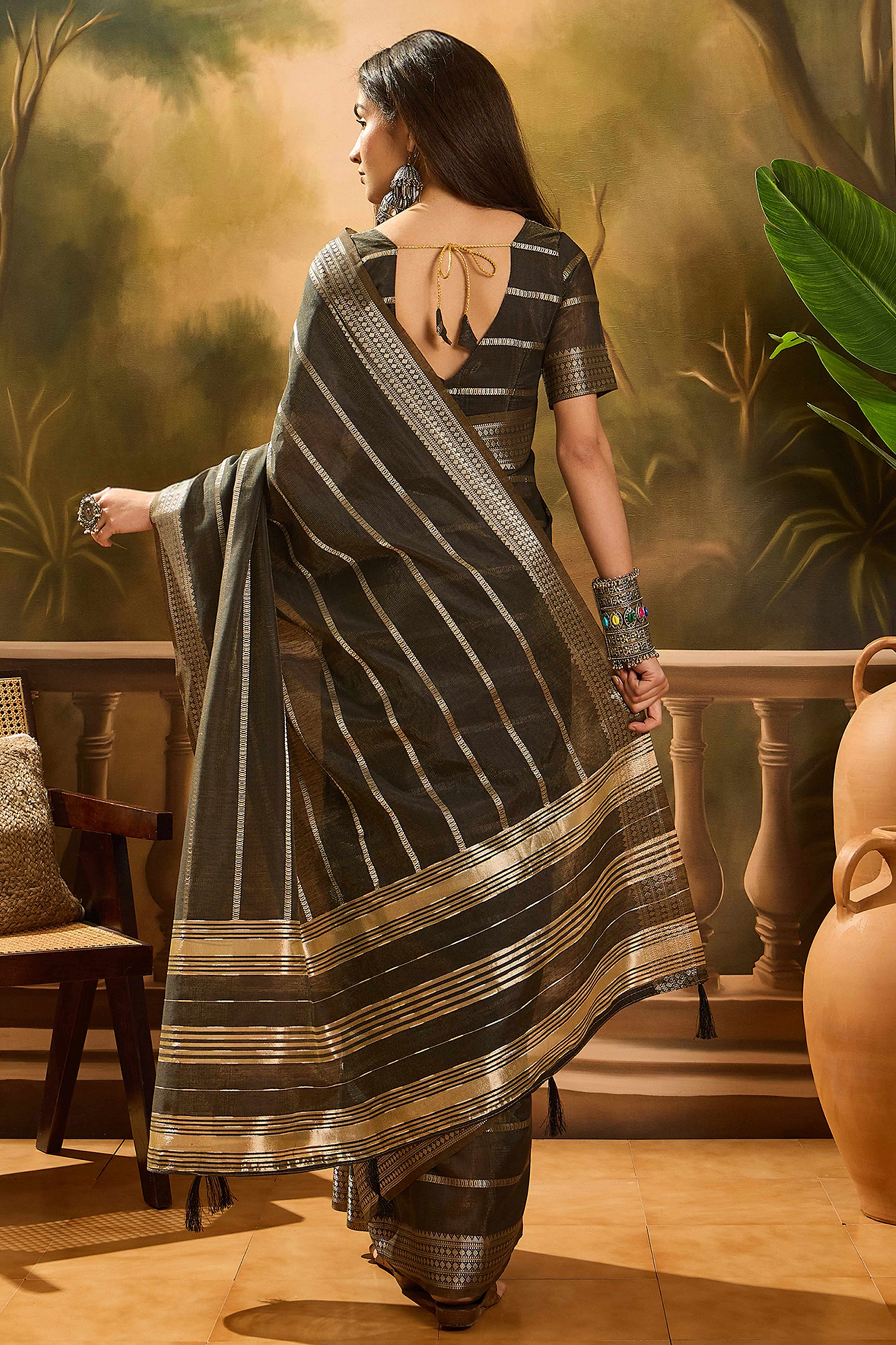 Dark Mehendi Green Zari Striped Khadi Organza Saree With Graceful Tassel Accents
