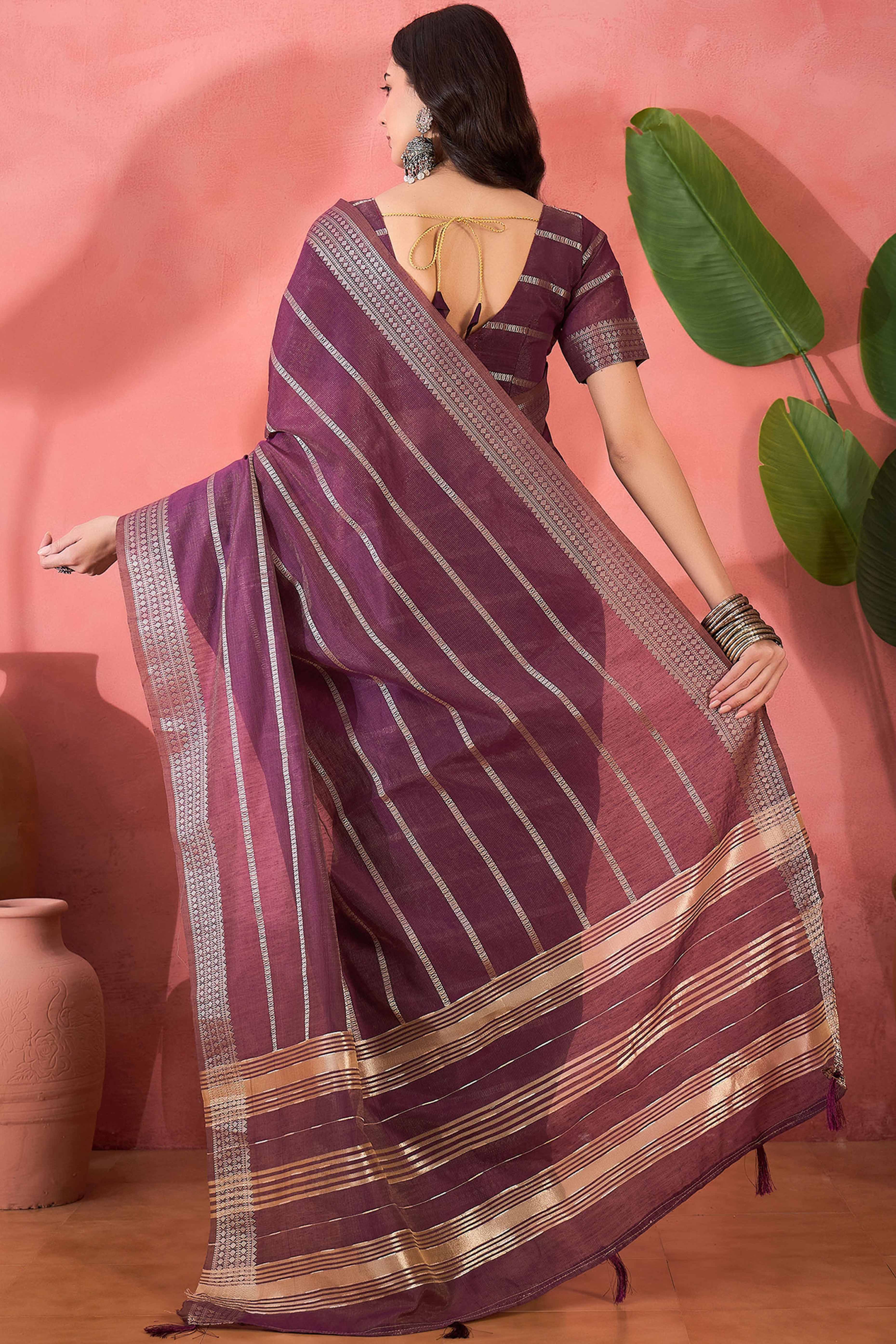 Wine Zari Striped Khadi Organza Saree With Graceful Tassel Accents