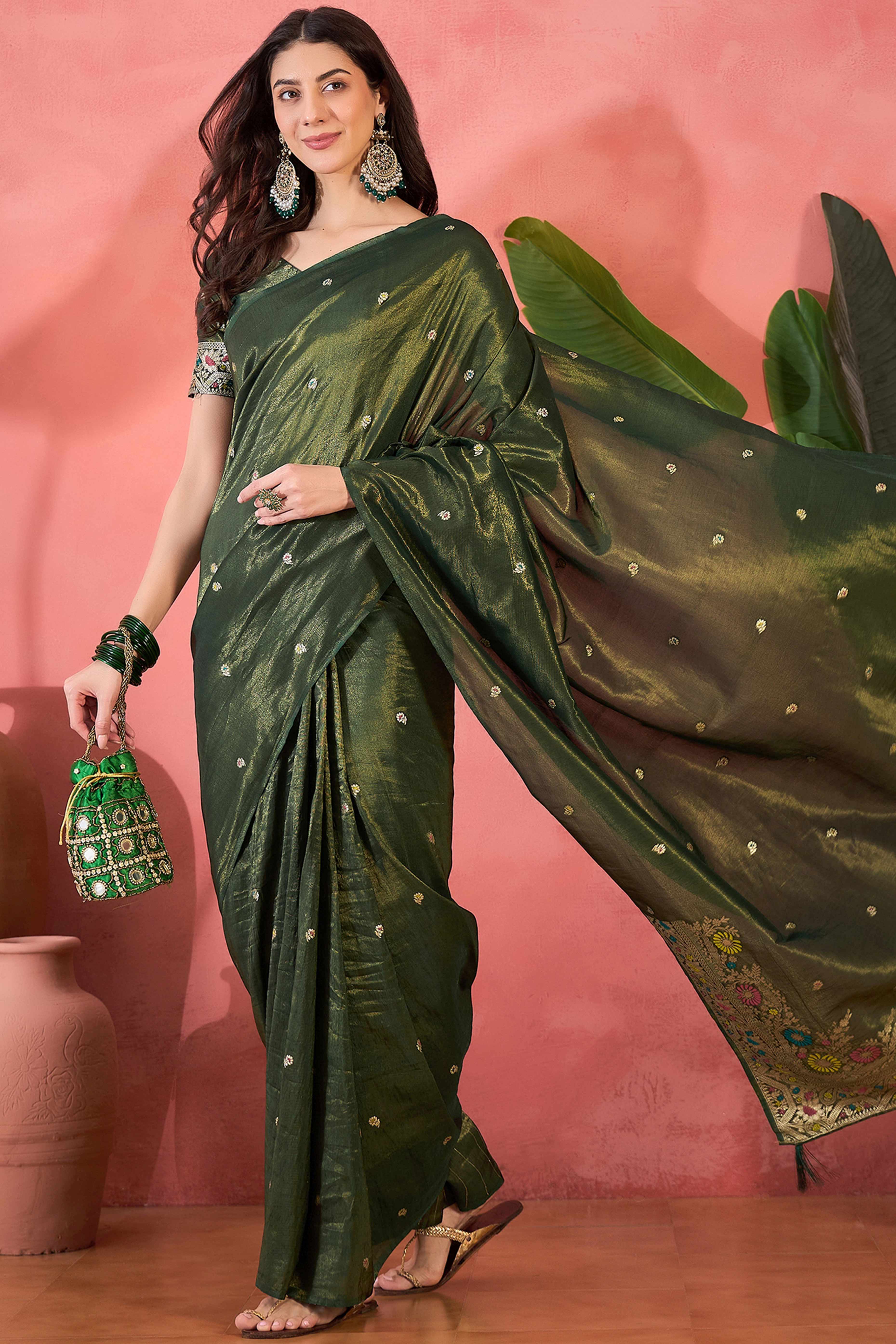 Floral Zari Woven Mehendi Green Saree In Shimmer Finish With Elegant Tassel Pallu