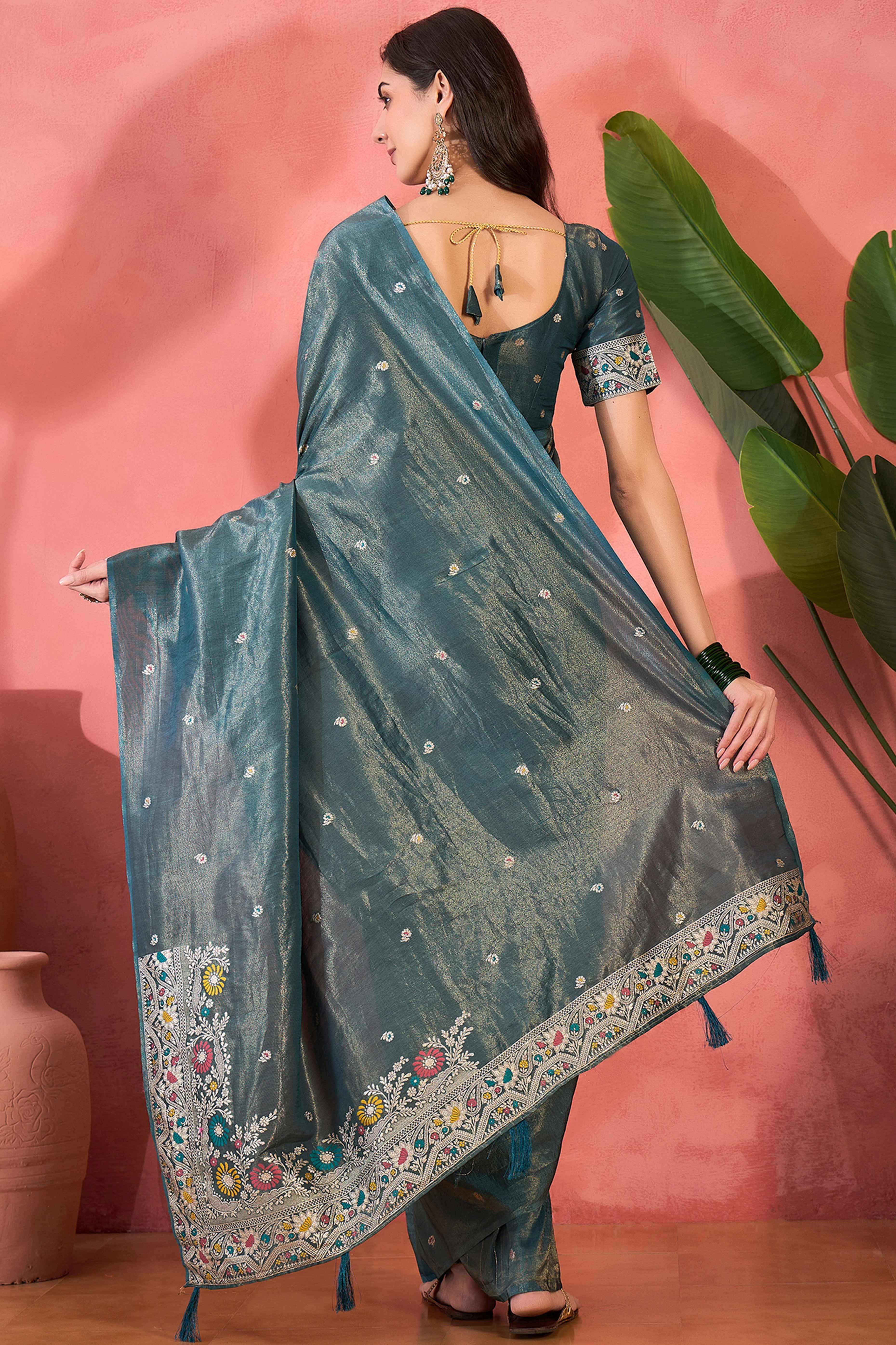 Floral Zari Woven Teal Blue Saree In Shimmer Finish With Elegant Tassel Pallu