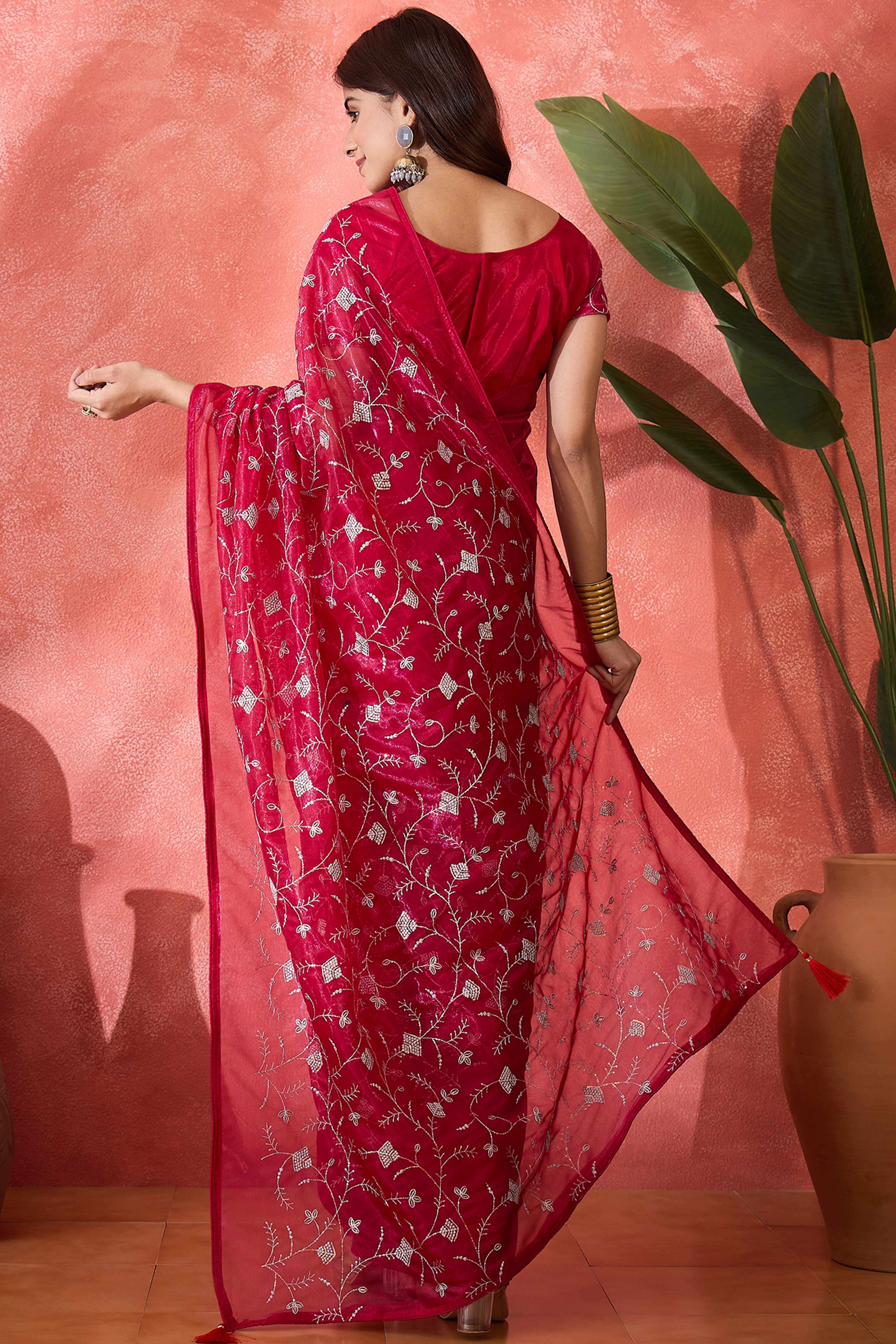 Pink Floral Sequin Embellished Saree In Twill Net With Tassel Accents