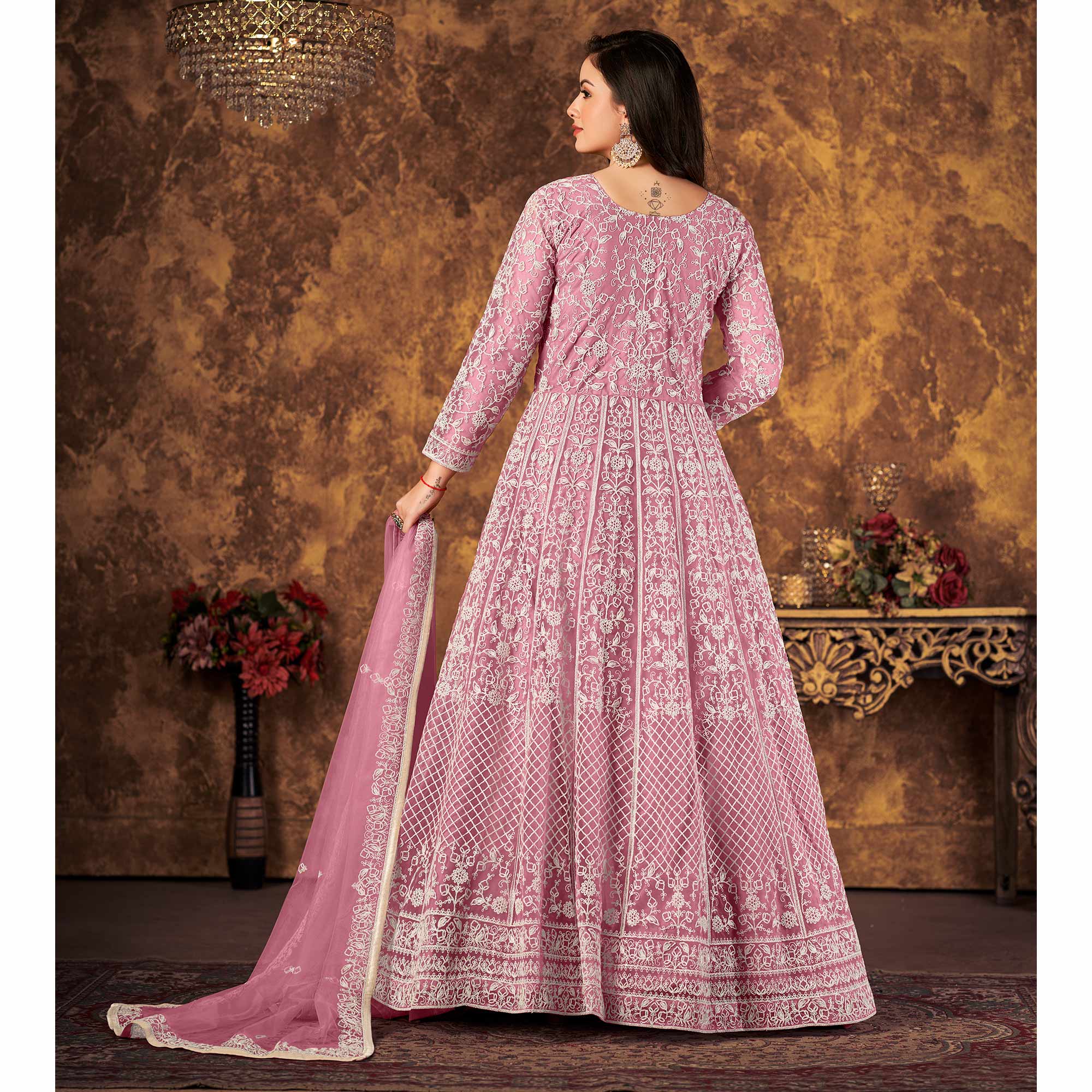 Pink Floral Embroidered Net Semi Stitched Dress Material
