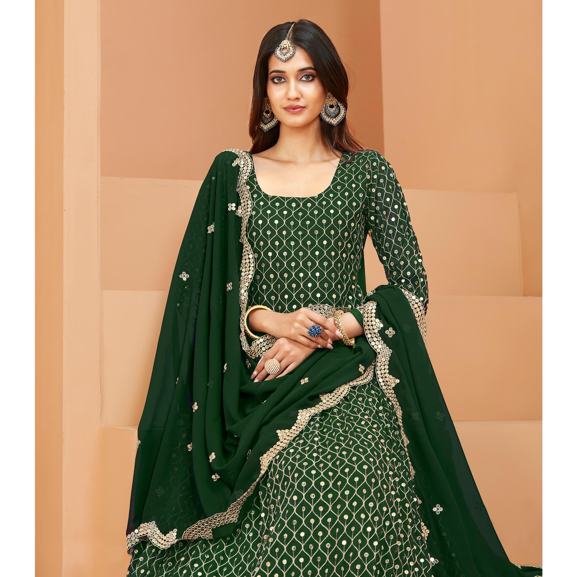 Green Sequins Embroidered Georgette Semi Stitched Anarkali Suit