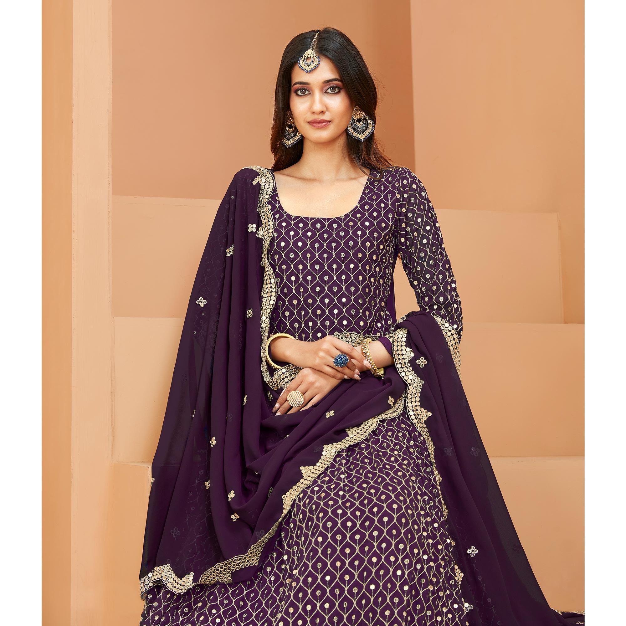 Purple Sequins Embroidered Georgette Semi Stitched Anarkali Suit