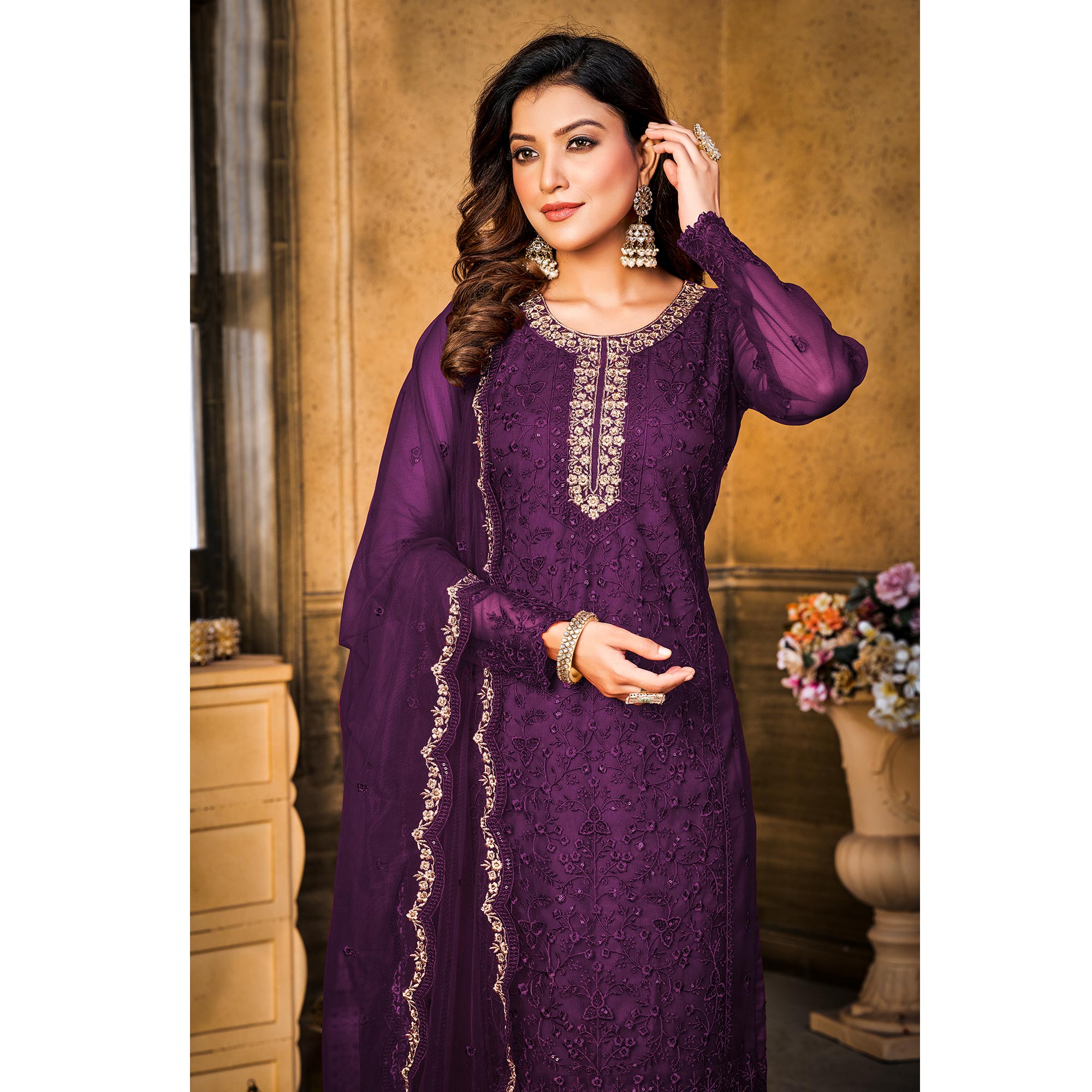 Purple Sequins Floral Embroidered Net Semi Stitched Suit
