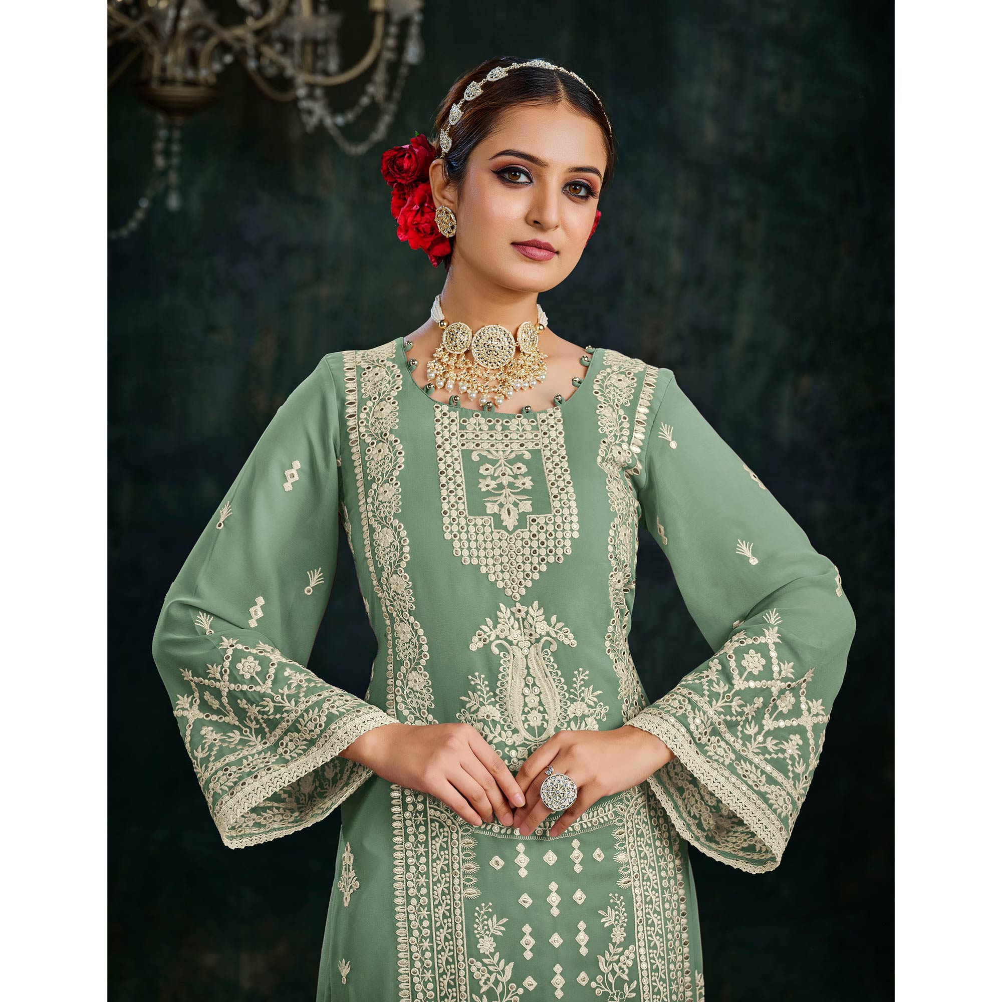 Green Floral Embroidered Georgette Semi Stitched Palazzo Suit