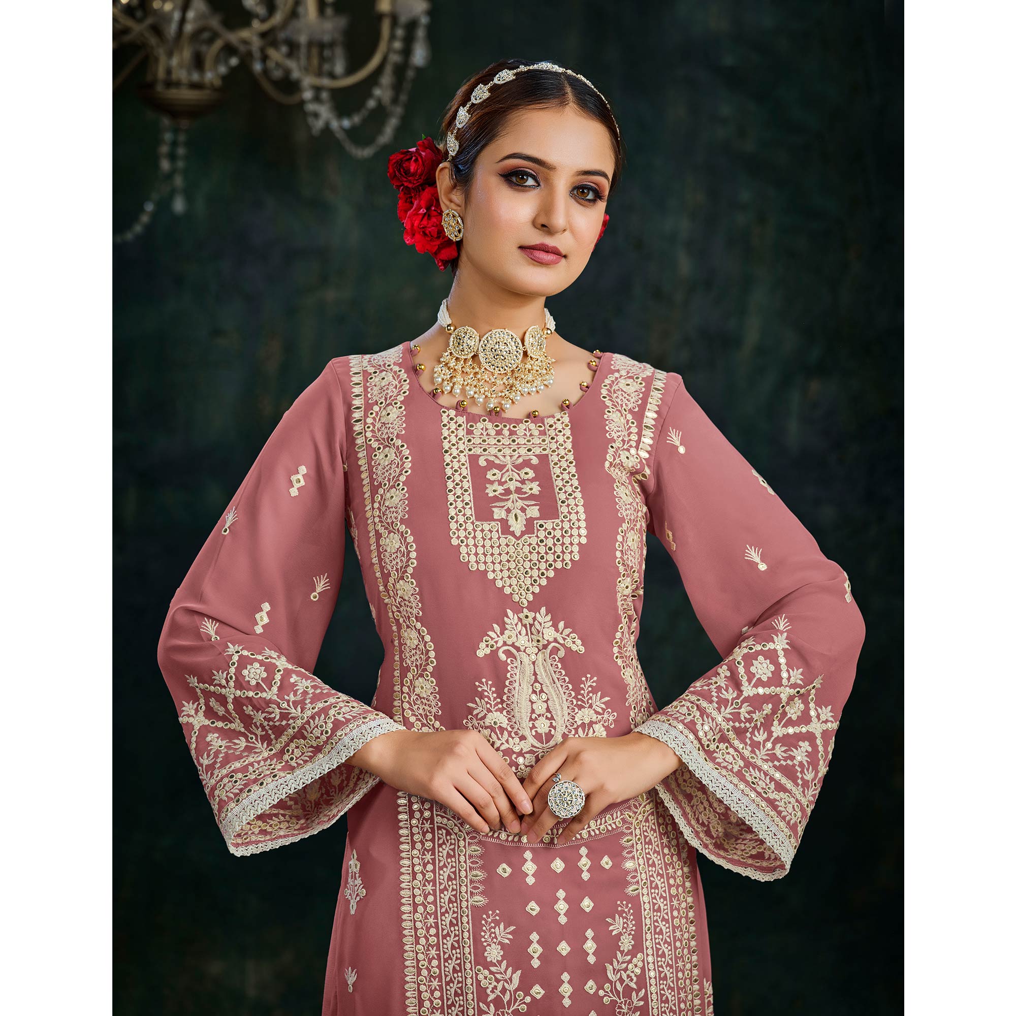 Pink Floral Embroidered Georgette Semi Stitched Palazzo Suit