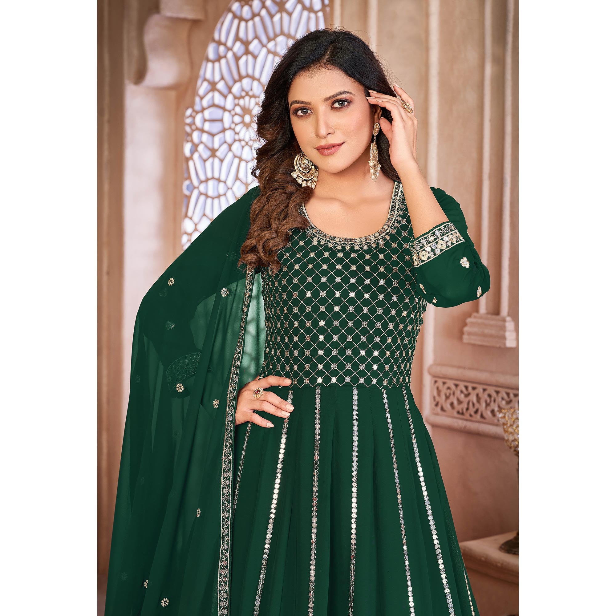 Green Floral Sequins Embroidered Georgette Semi Stitched Anarkali Suit