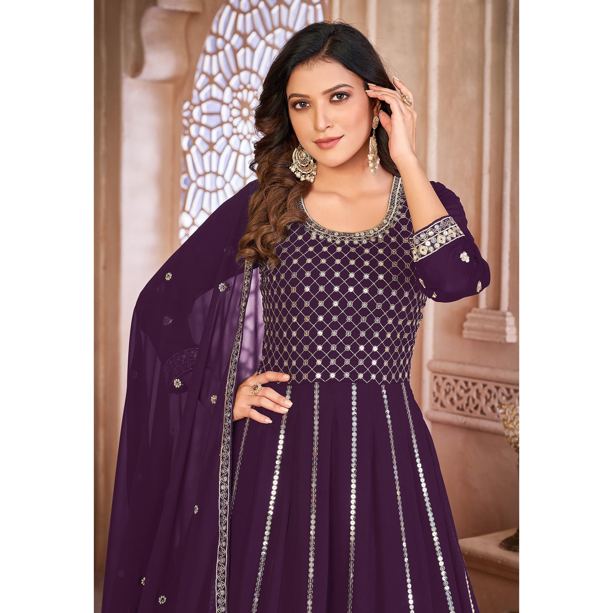 Purple Floral Sequins Embroidered Georgette Semi Stitched Anarkali Suit