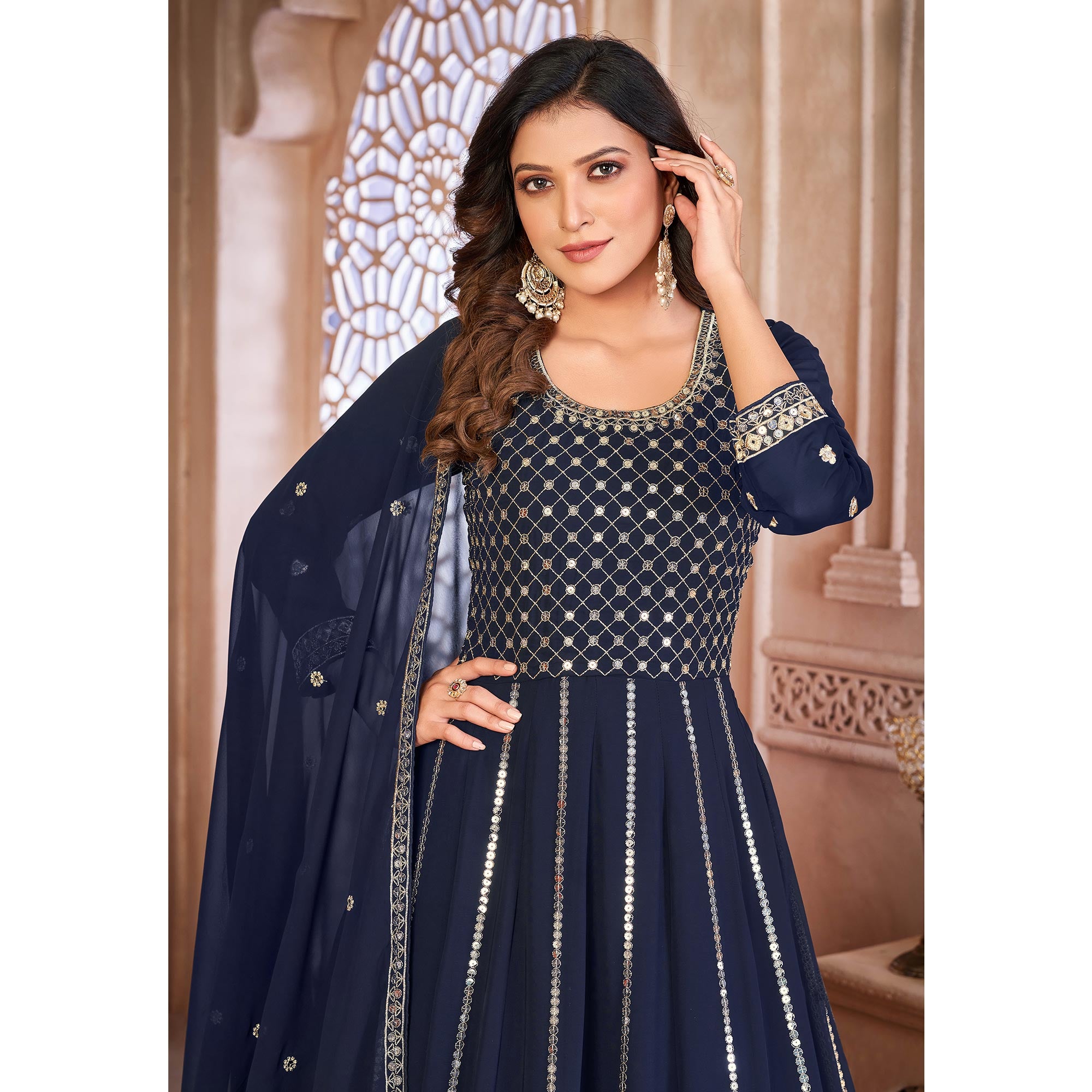 Blue Floral Sequins Embroidered Georgette Semi Stitched Anarkali Suit