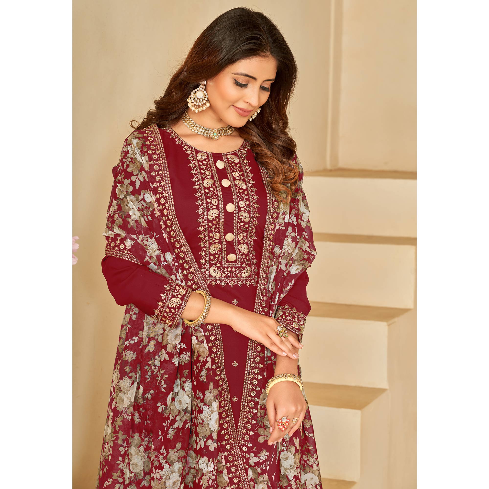 Maroon Embroidered Pure Silk Semi Stitched Suit