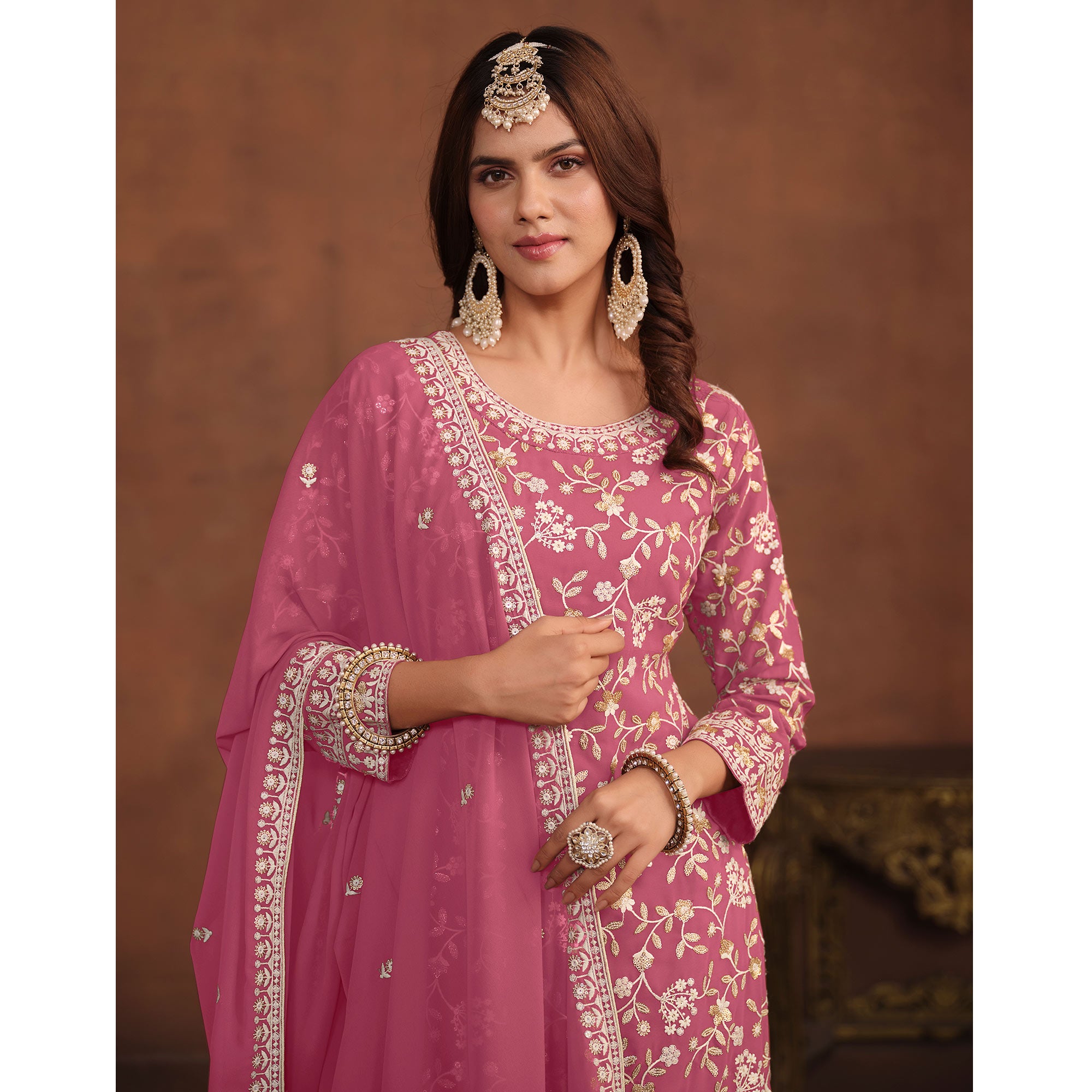 Pink Floral Embroidered Georgette Semi Stithed Suit
