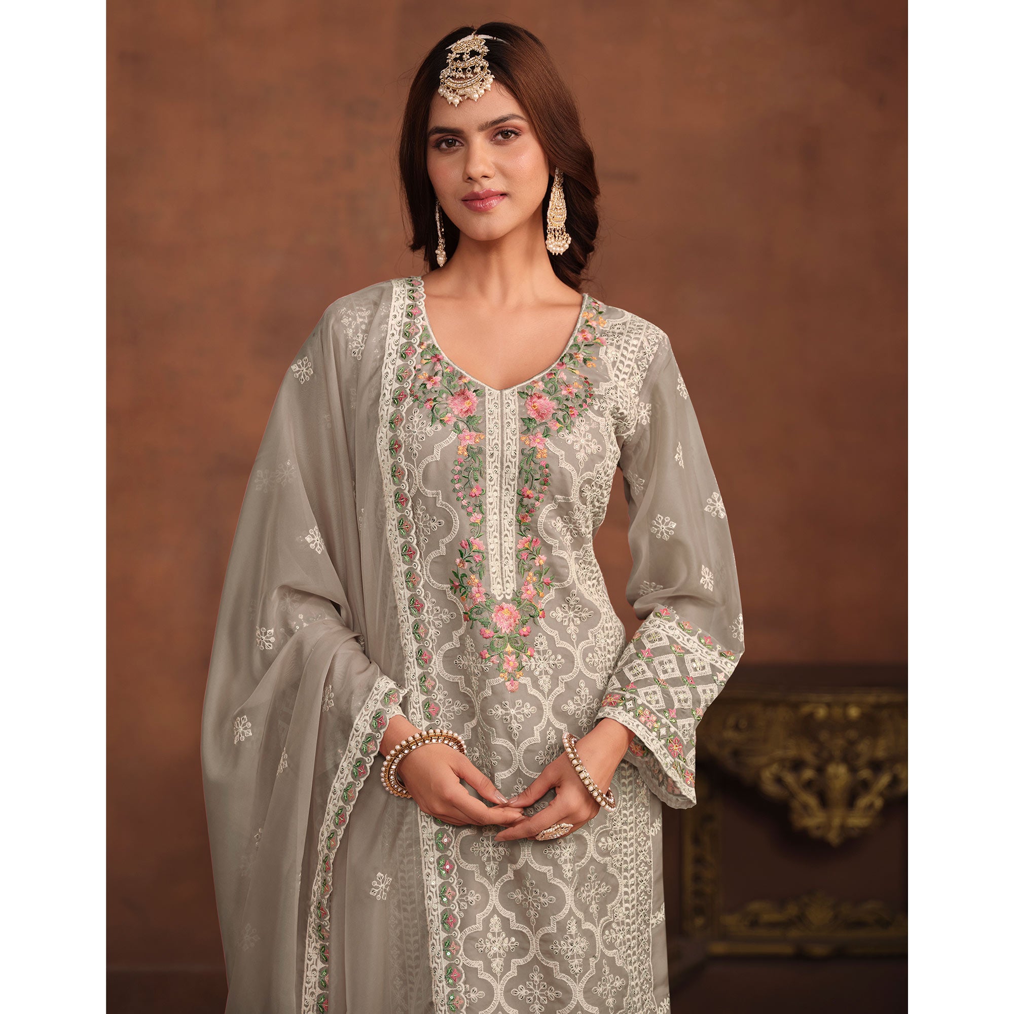 Grey Floral Embroidered Organza Semi Stitched Suit