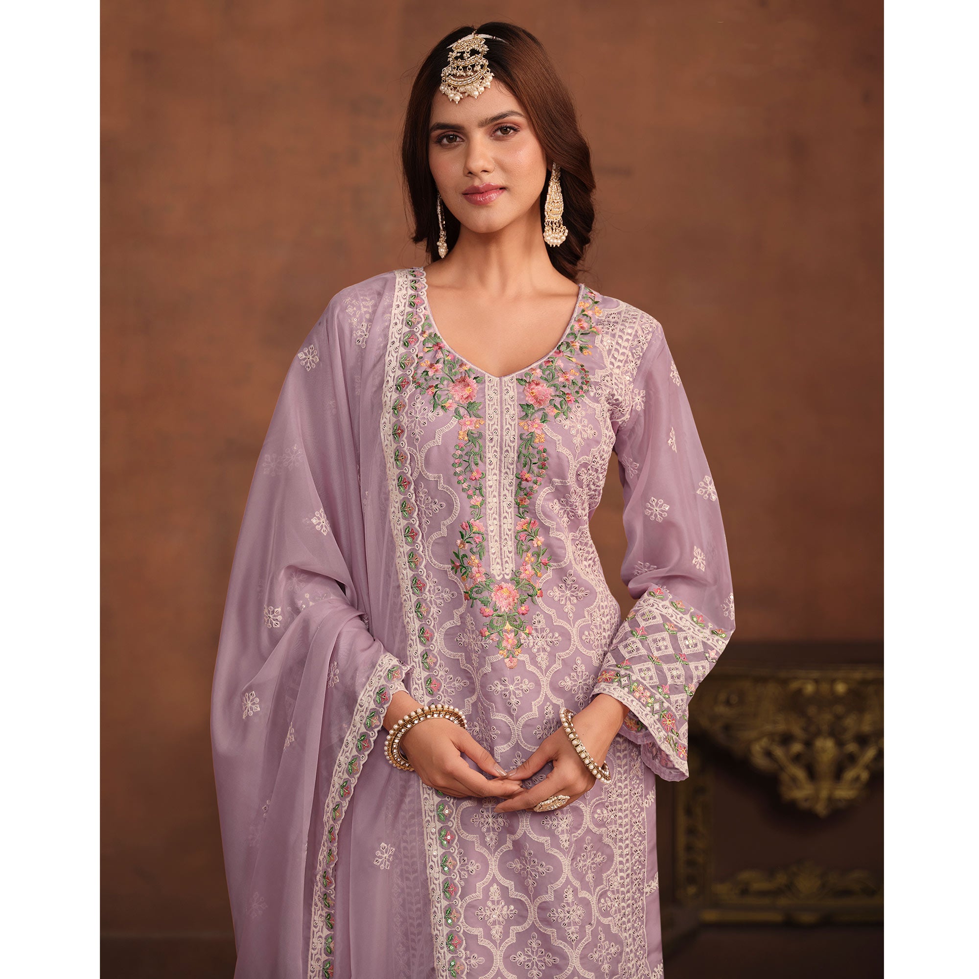 Purple Floral Embroidered Organza Semi Stitched Suit