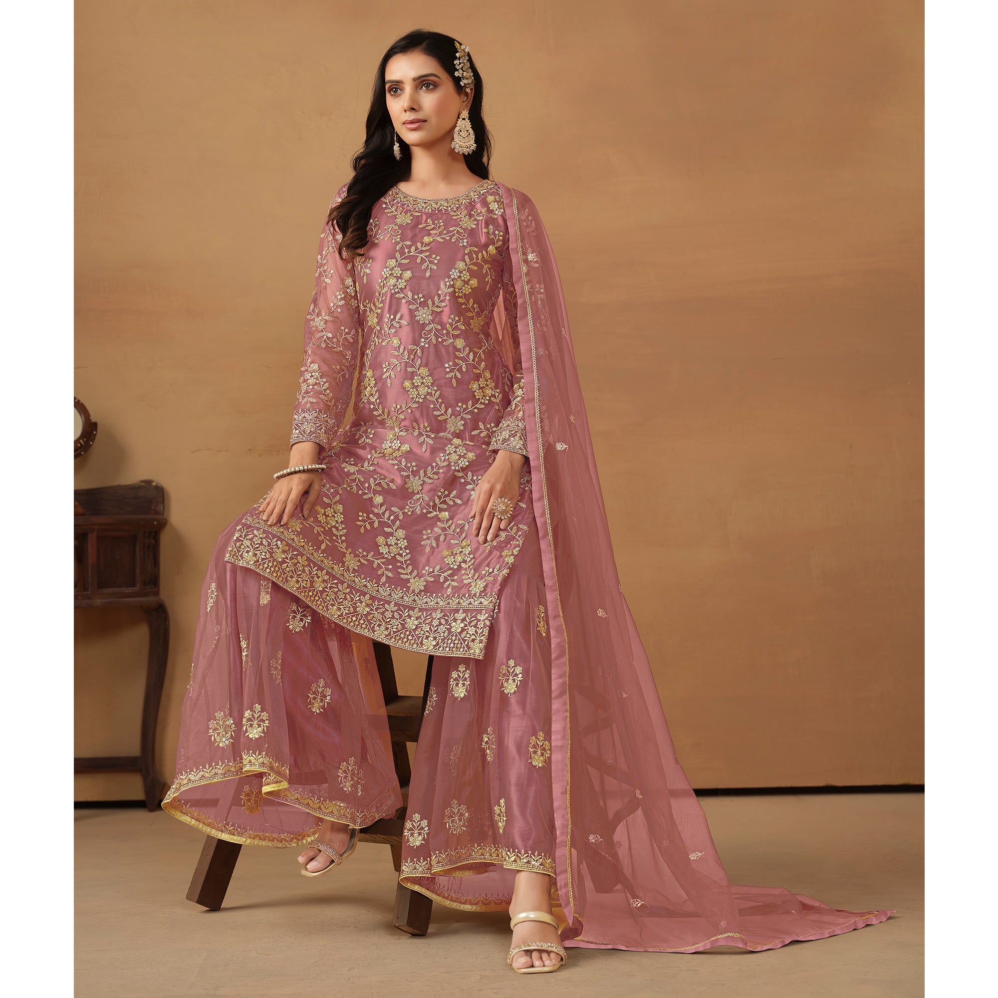 Pink Floral Embroidered Net Semi Stitched Sharara Suit