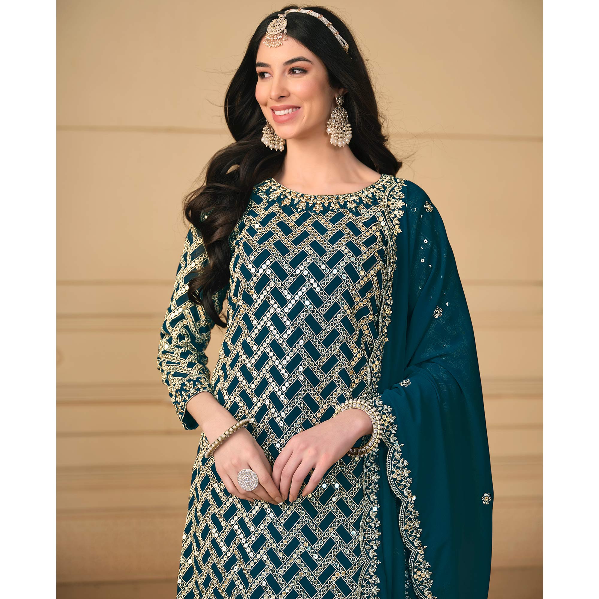 Teal Sequins Embroidered Georgette Semi Stitched Sharara Suit