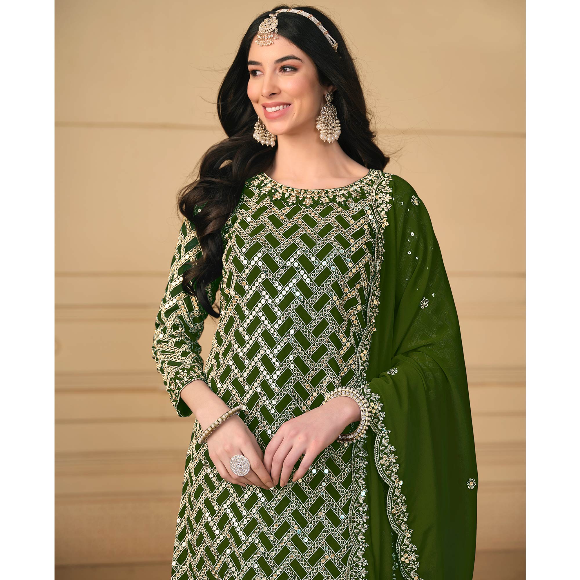 Green Sequins Embroidered Georgette Semi Stitched Sharara Suit