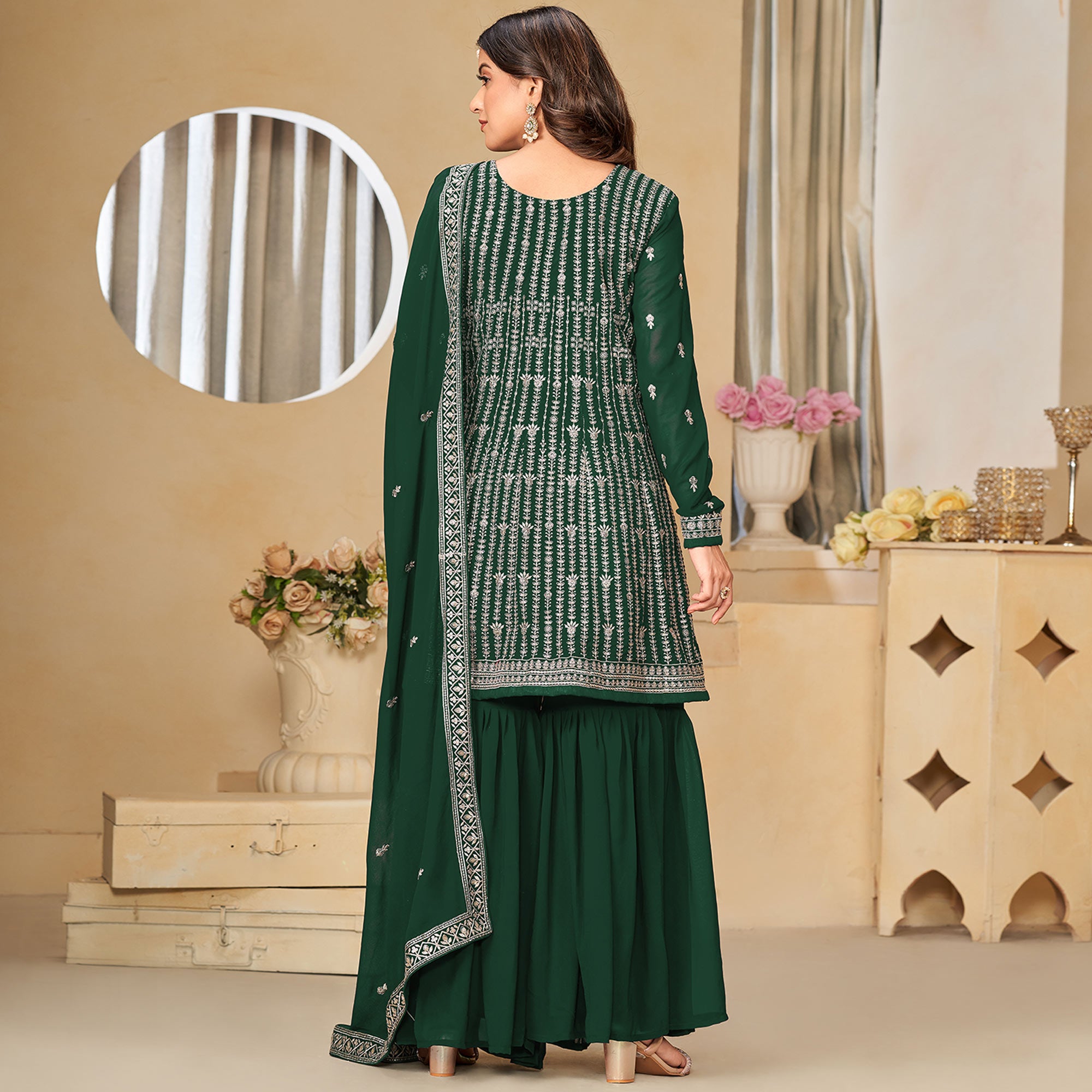 Green Floral Sequins Embroidered Georgette Semi Stitched Sharara Suit