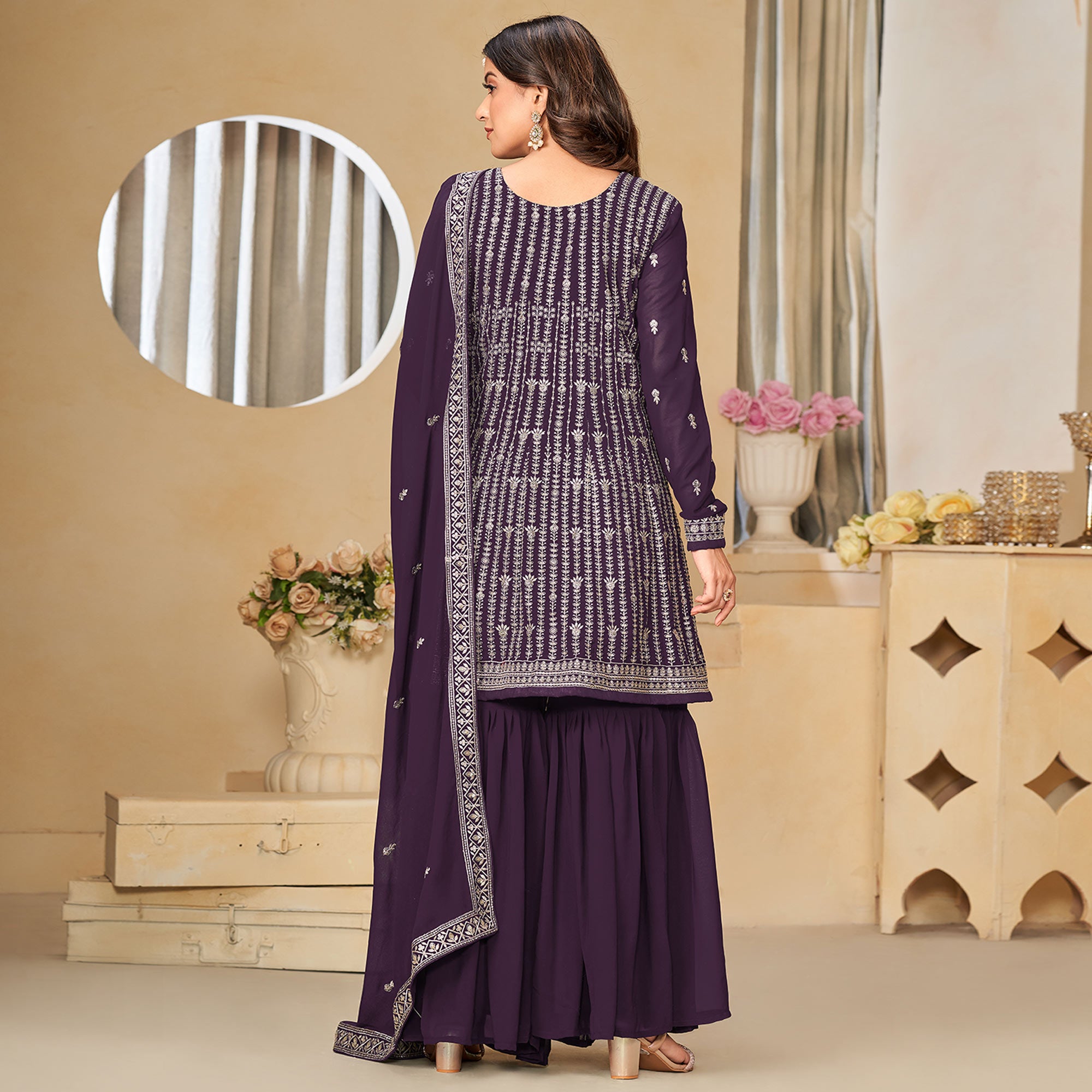 Purple Floral Sequins Embroidered Georgette Semi Stitched Sharara Suit