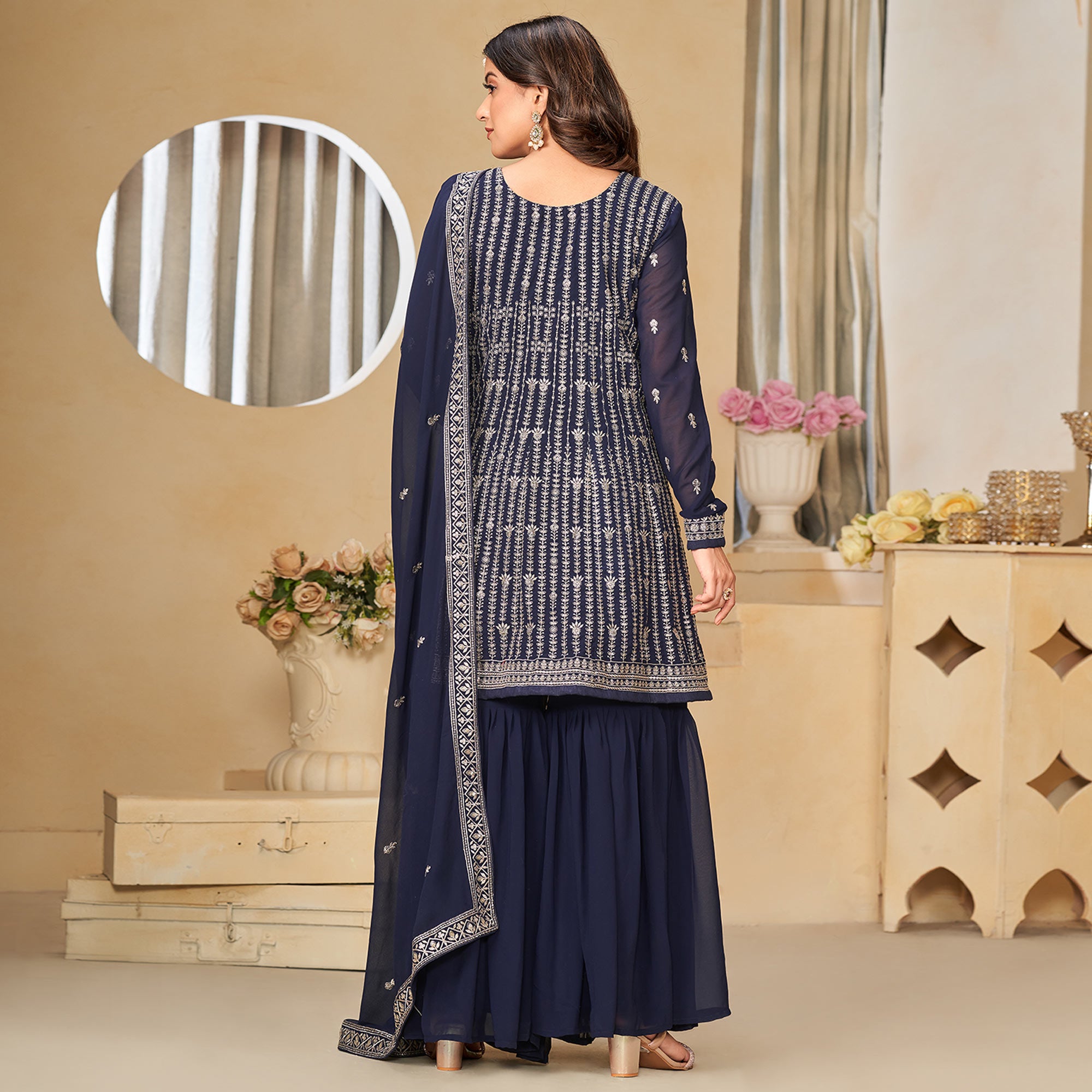 Navy Blue Floral Sequins Embroidered Georgette Semi Stitched Sharara Suit