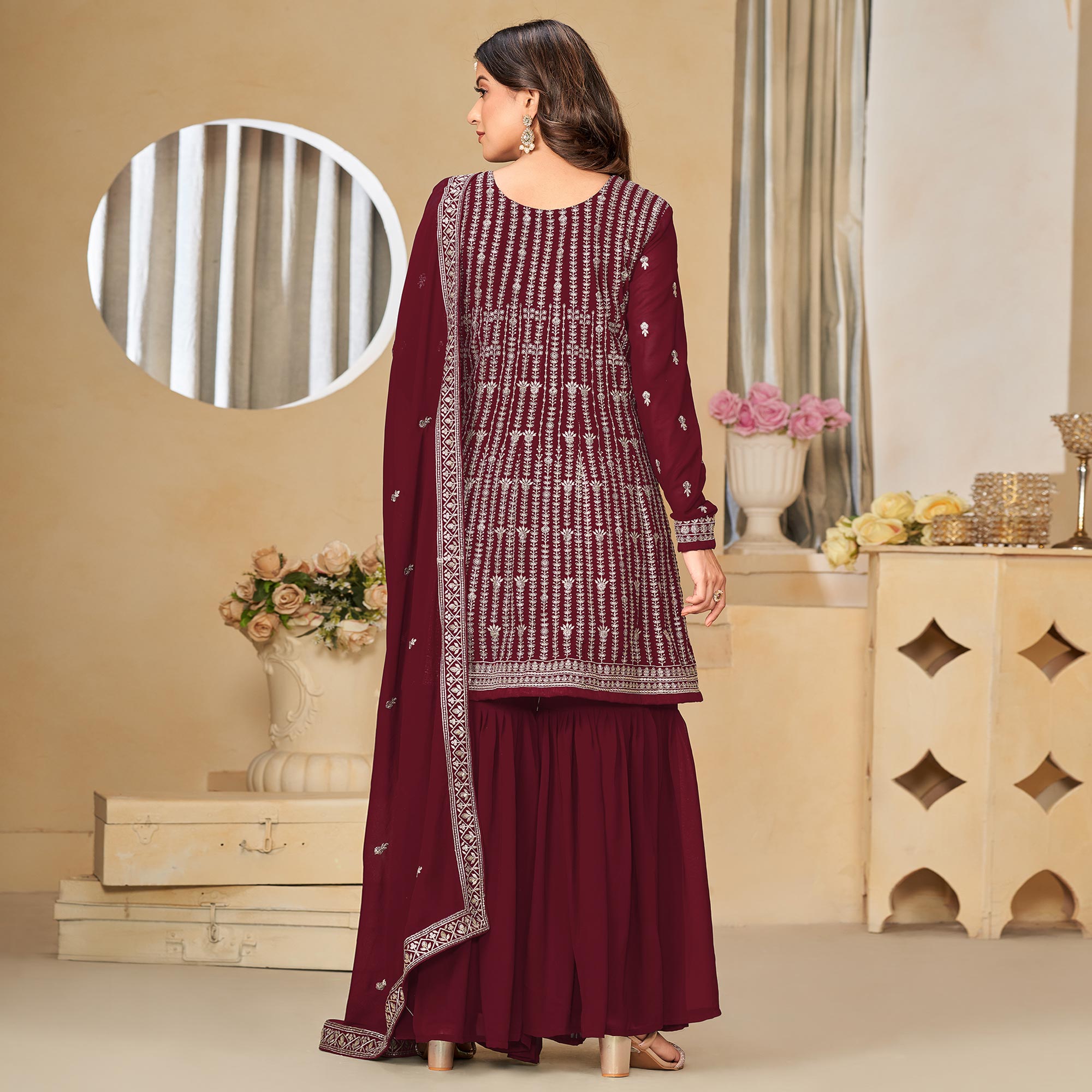 Maroon Floral Sequins Embroidered Georgette Semi Stitched Sharara Suit