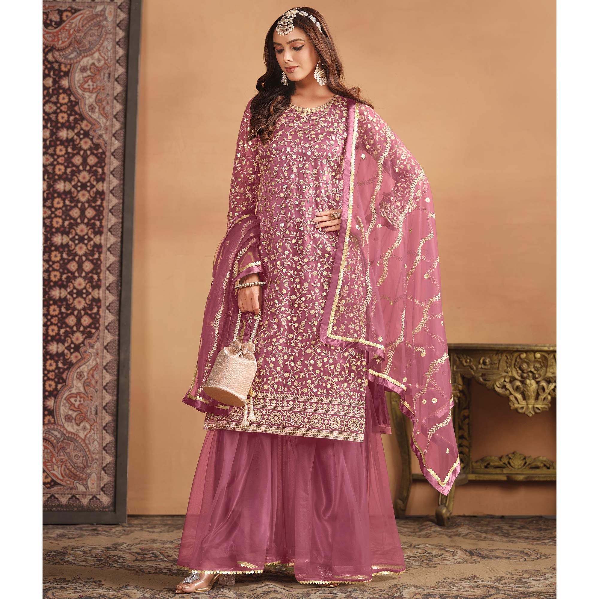 Pink Floral Sequins Embroidered Georgette Semi Stitched Sharara Suit