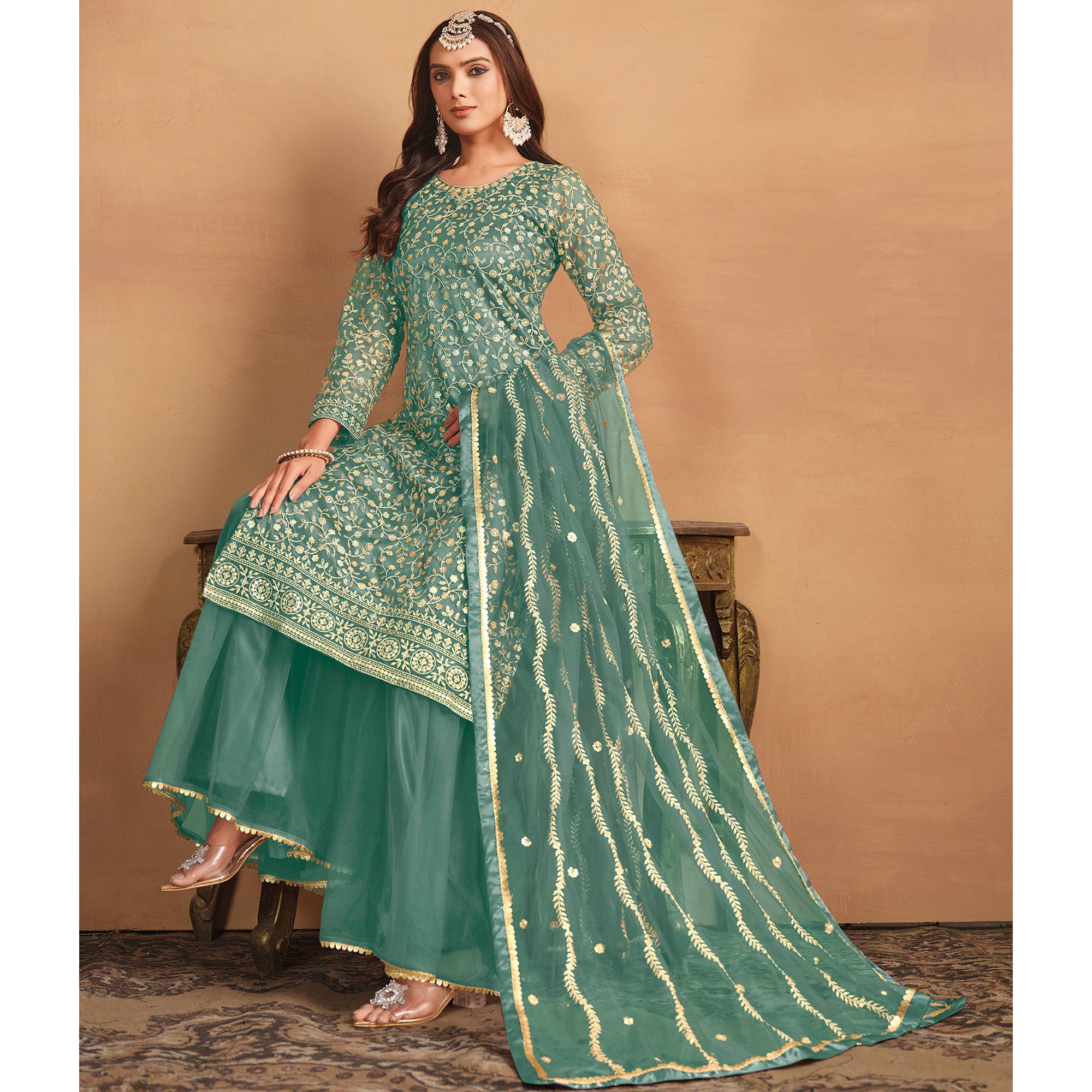 Sea Green Floral Sequins Embroidered Georgette Semi Stitched Sharara Suit