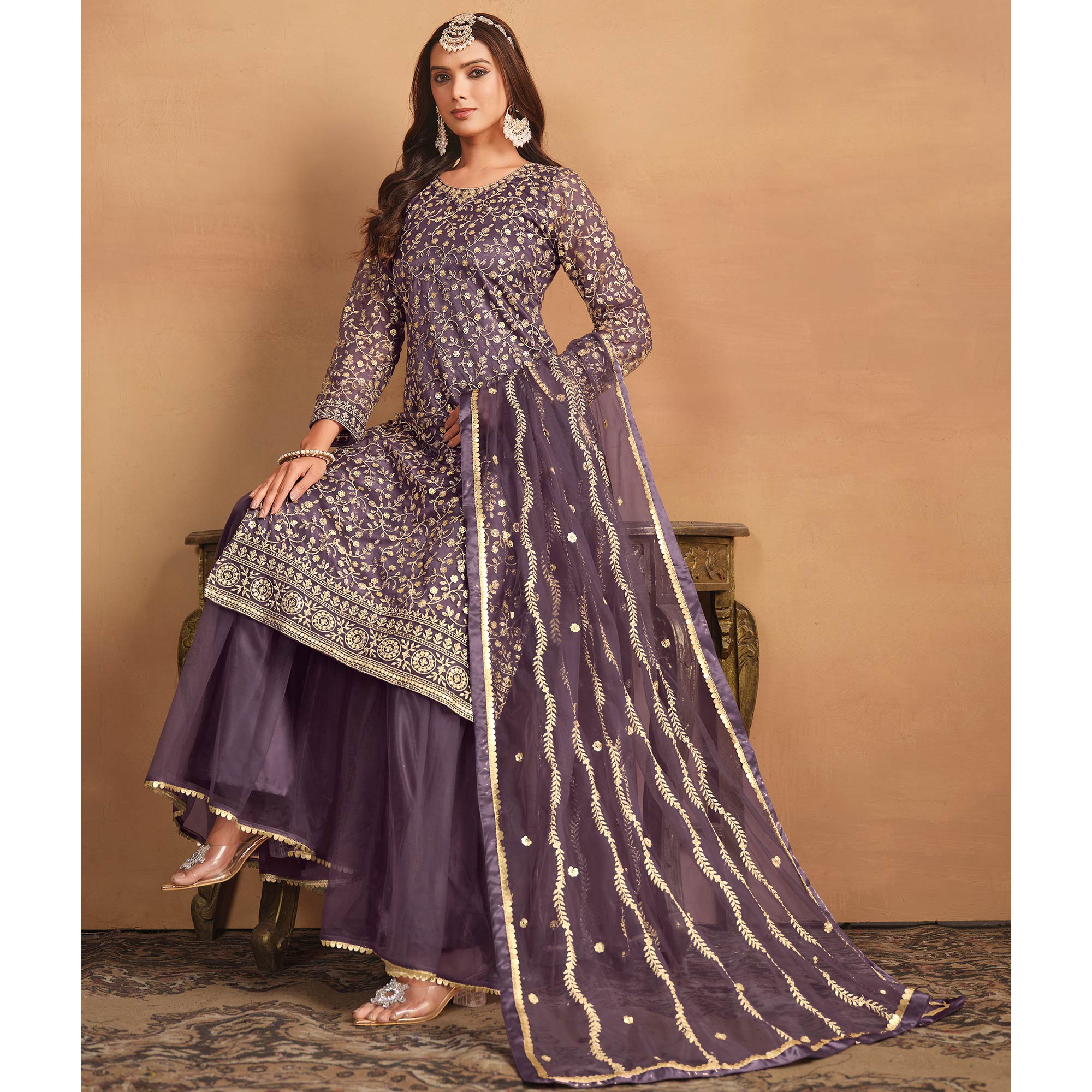 Purple Floral Sequins Embroidered Georgette Semi Stitched Sharara Suit