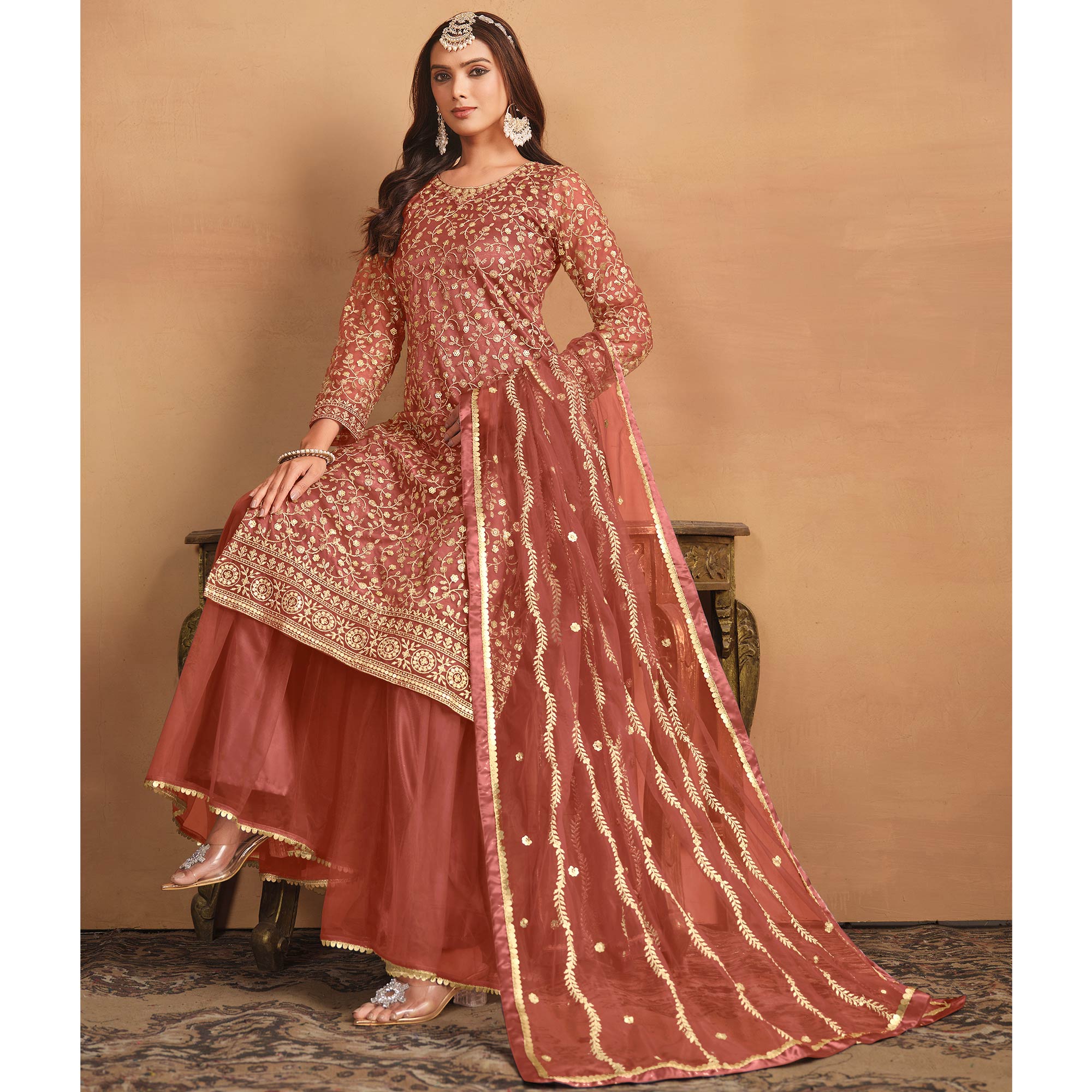 Rust Floral Sequins Embroidered Georgette Semi Stitched Sharara Suit