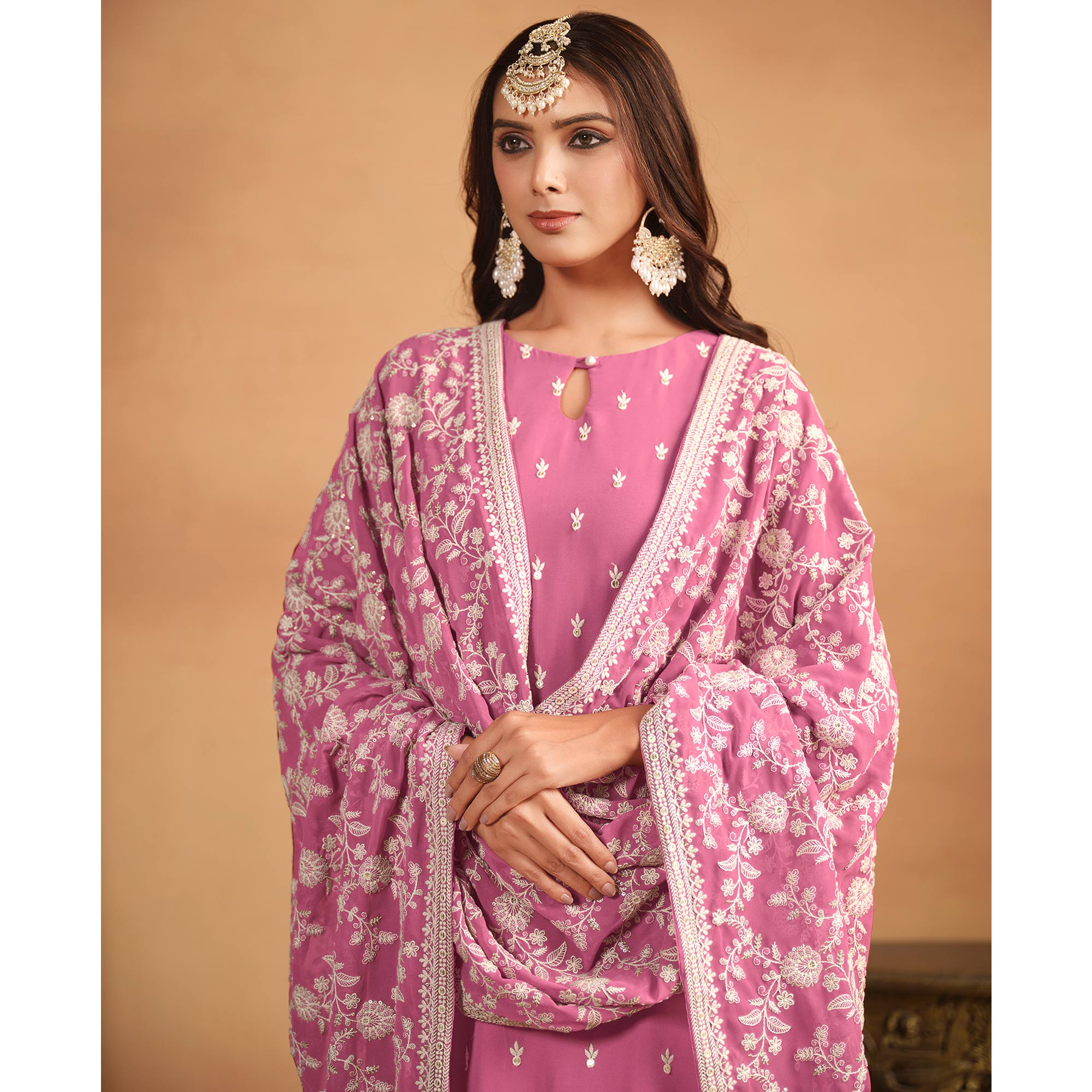 Pink Sequins Embroidered Georgette Semi Stitched Salwar Suit