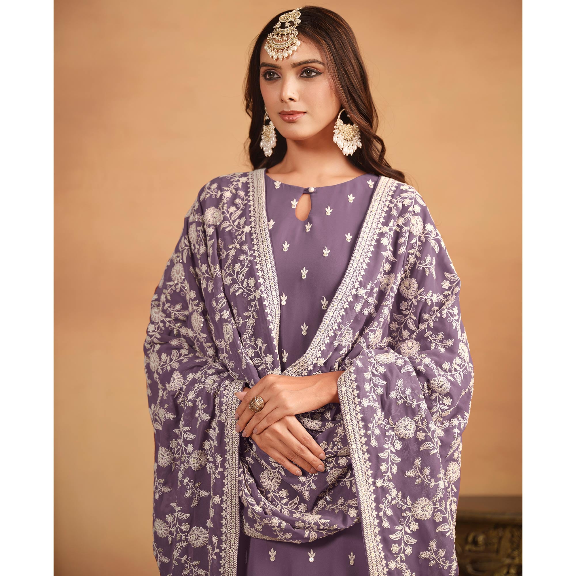 Purple Sequins Embroidered Georgette Semi Stitched Salwar Suit