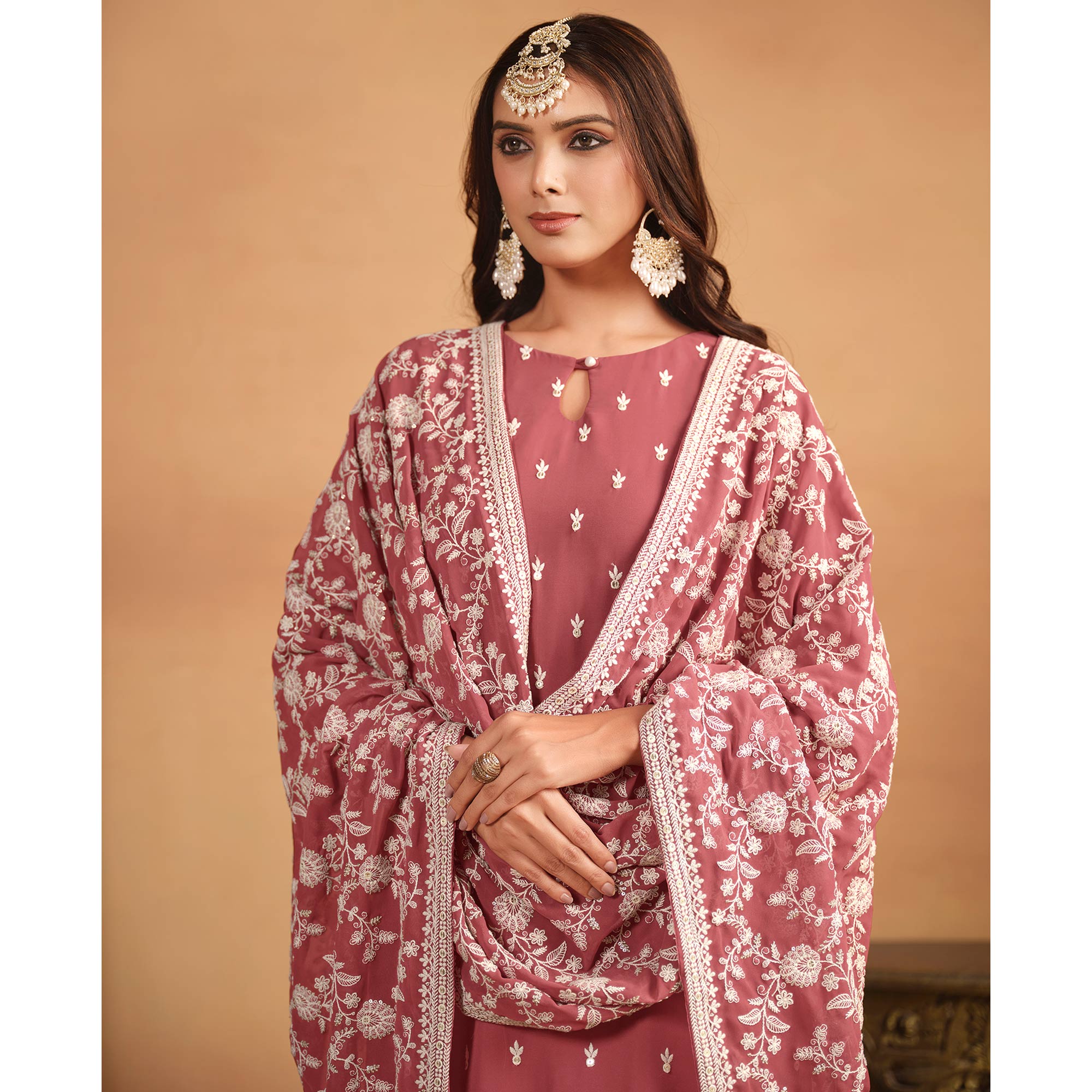Peach Sequins Embroidered Georgette Semi Stitched Salwar Suit
