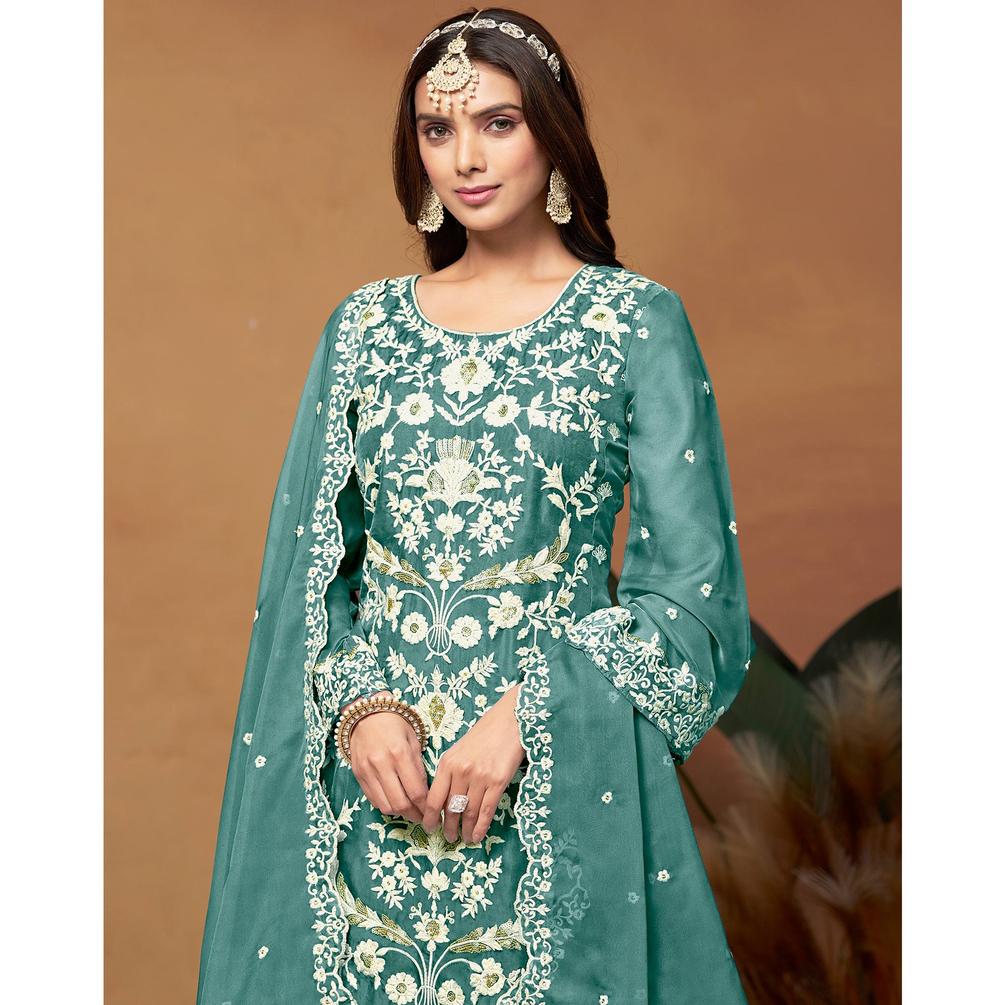 Blue Floral Sequins Embroidered Organza Semi Stitched Salwar Suit