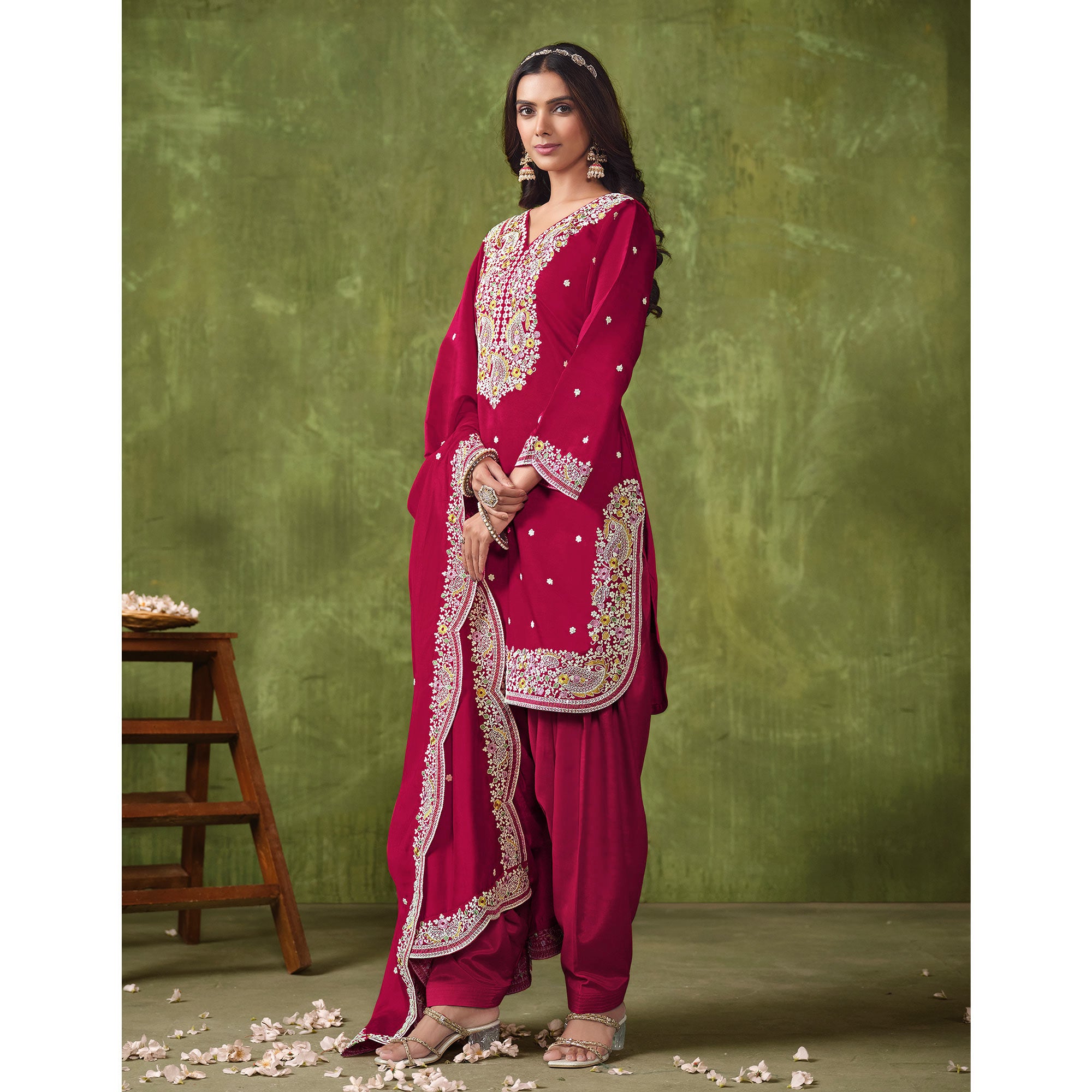 Pink Floral Embroidered Pure Silk Unstitched Dress Material