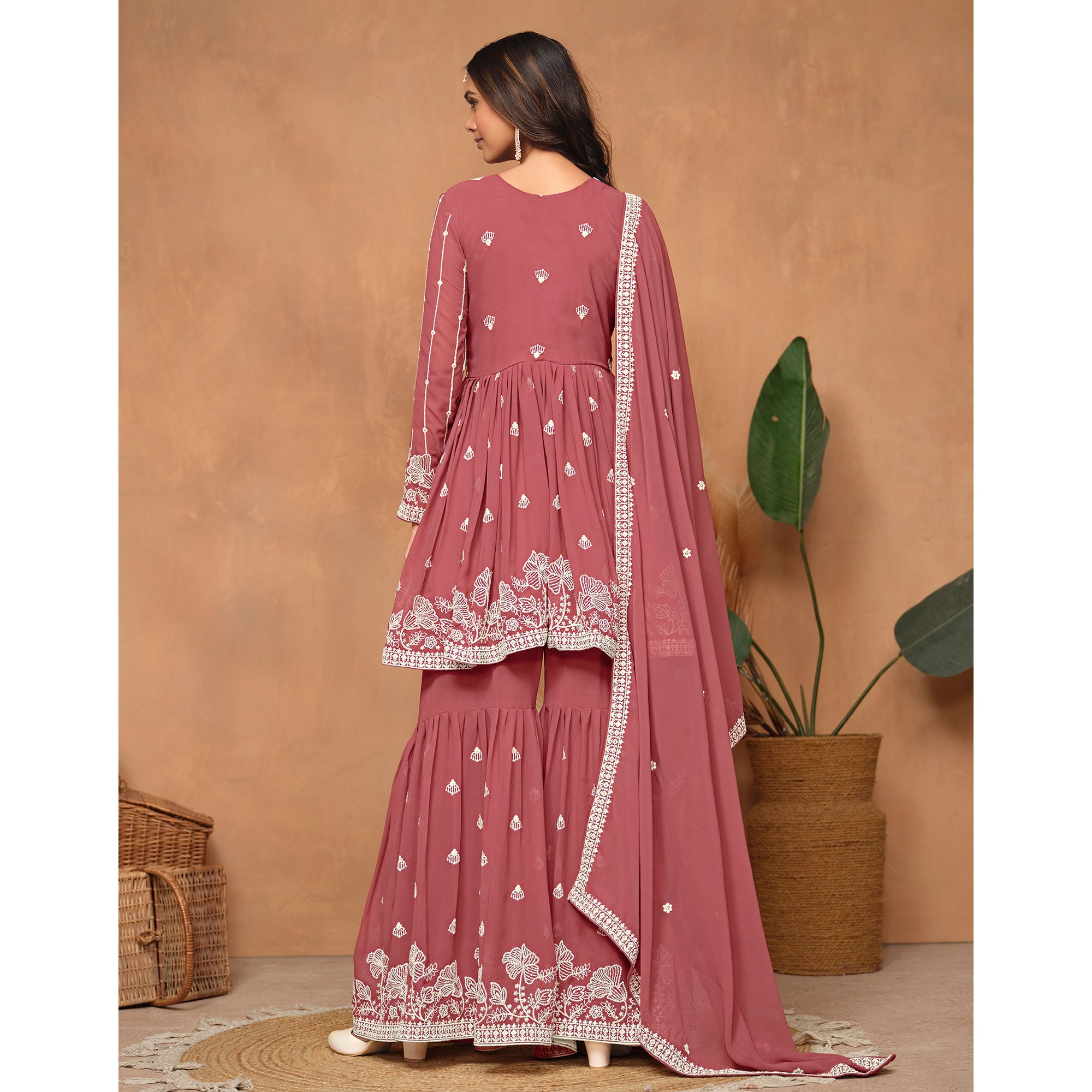 Mauve Floral Embroidered Georgette Semi Stitched Suit