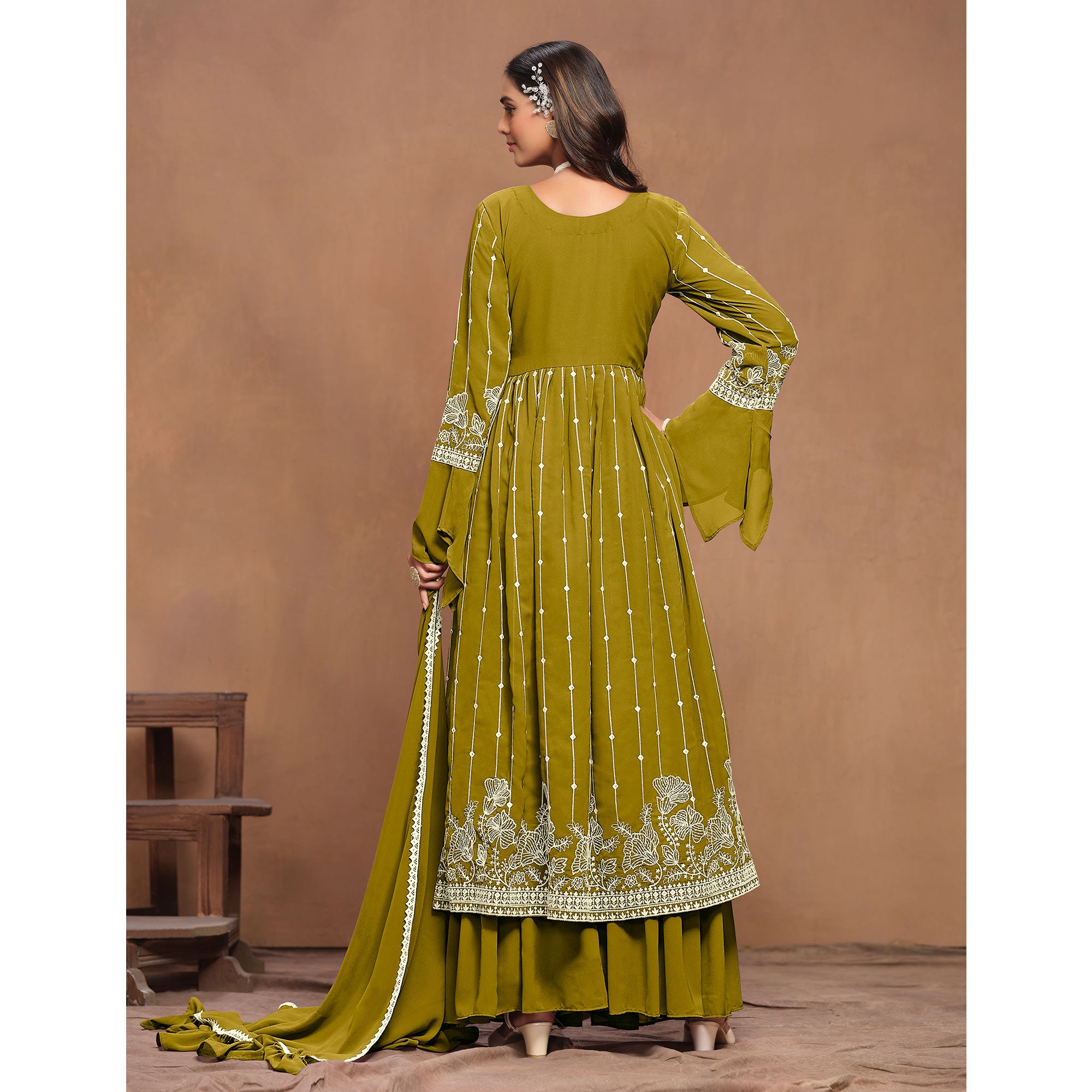 Dark Mustard Floral Embroidered Georgette Semi Stitched Alia Cut Sharara Suit