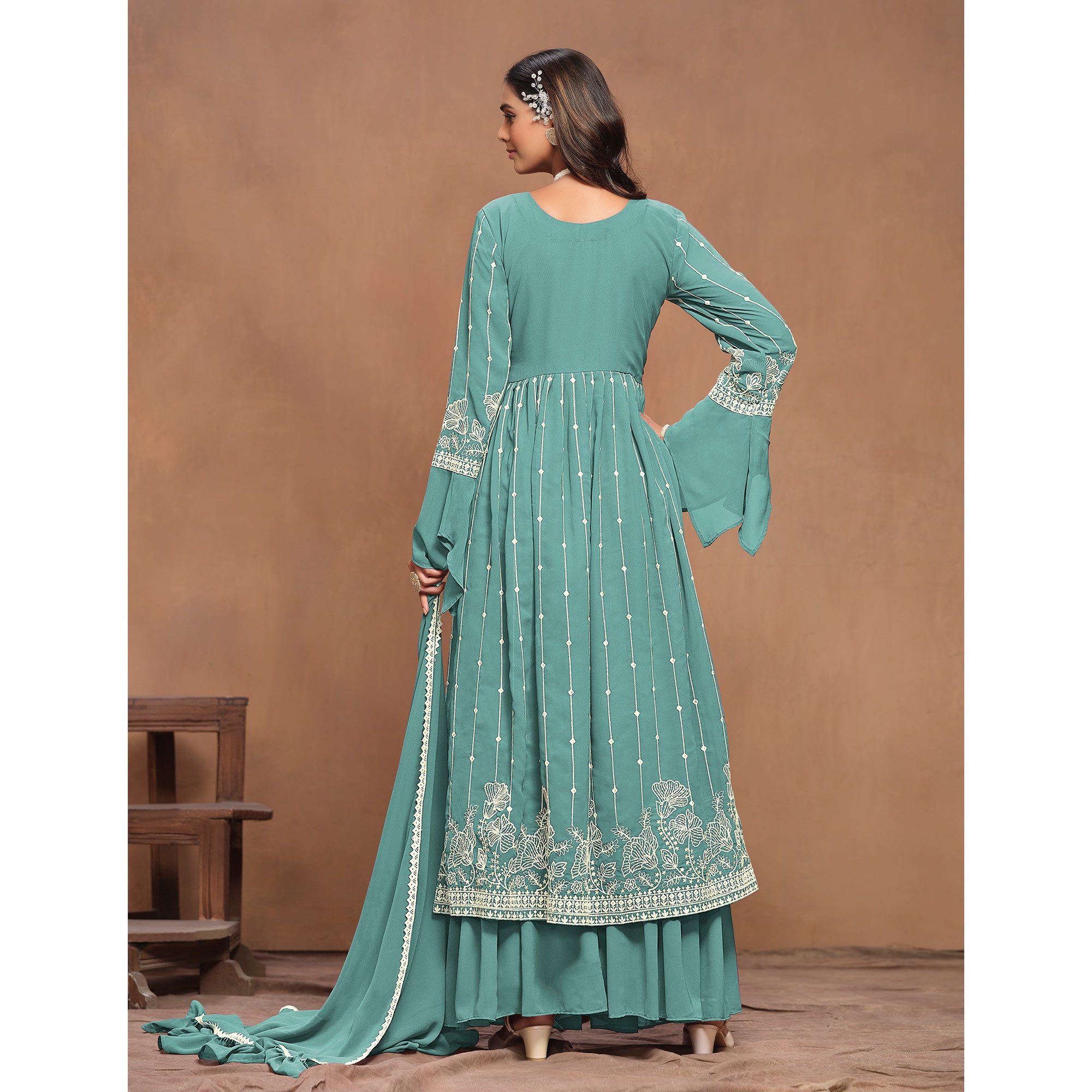 Sky Blue Floral Embroidered Georgette Semi Stitched Alia Cut Sharara Suit