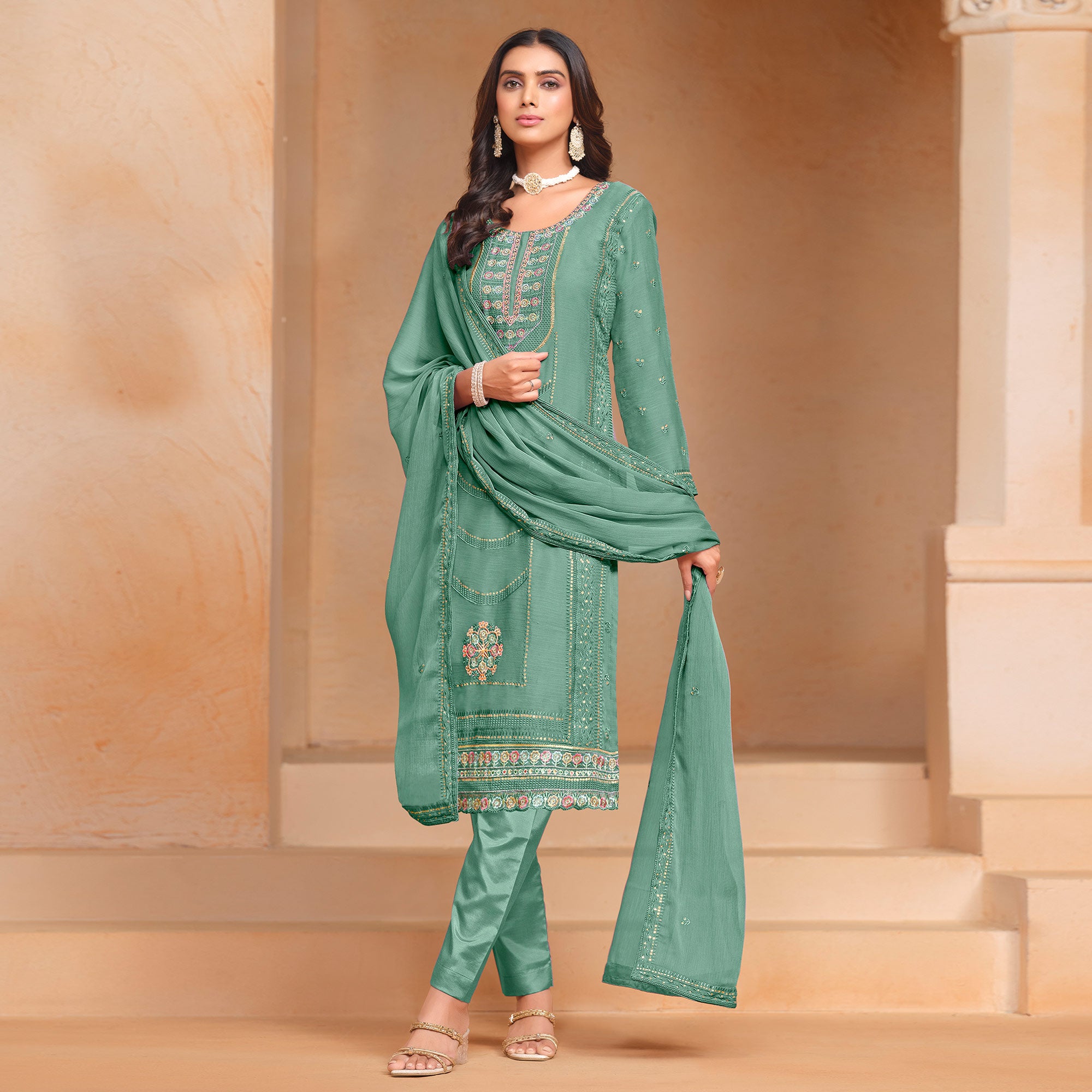 Green Floral Embroidered Organza Semi Stitched Salwar Suit
