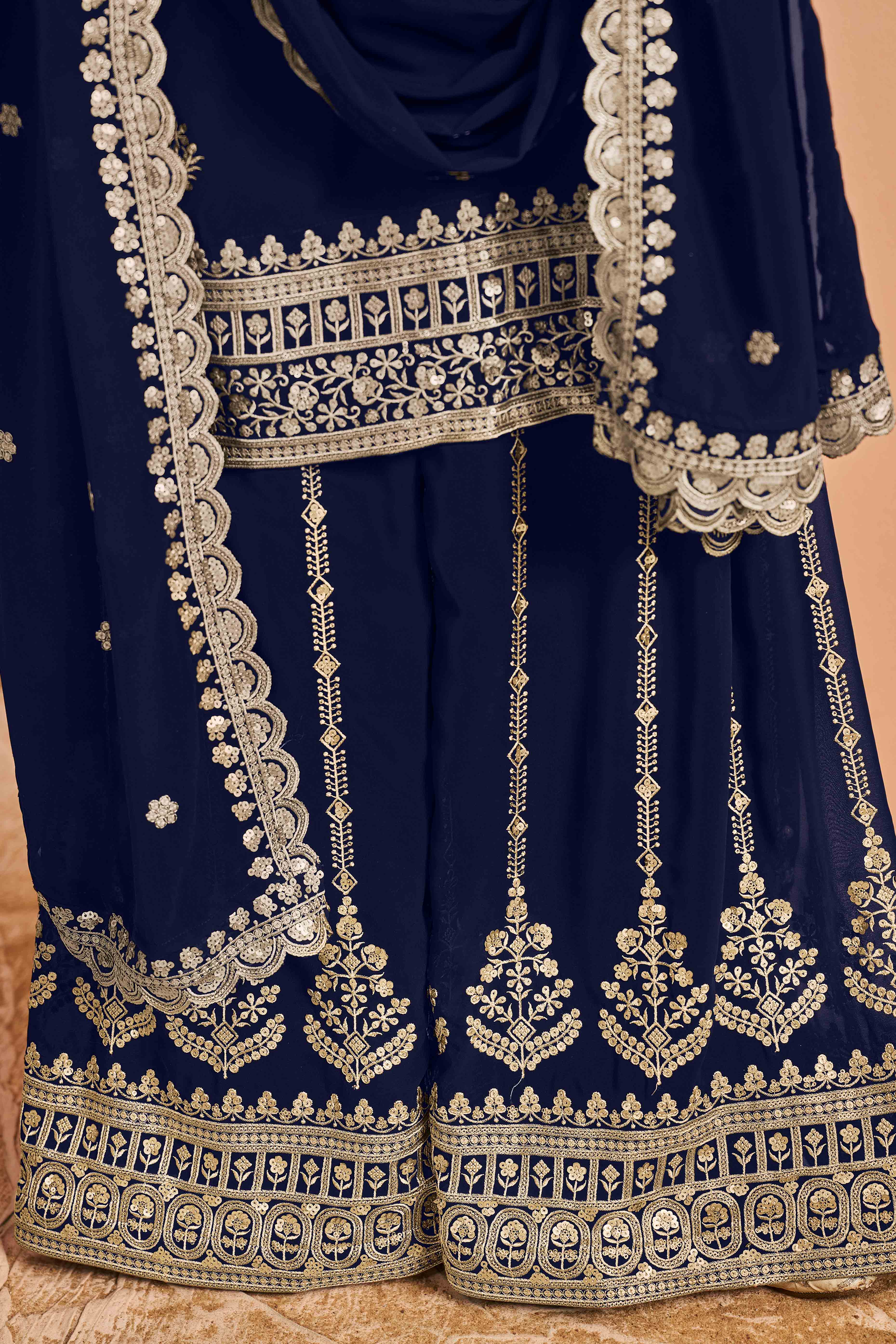 Blue Floral Embroidery Georgette Semi Stitched Palazzo Suit