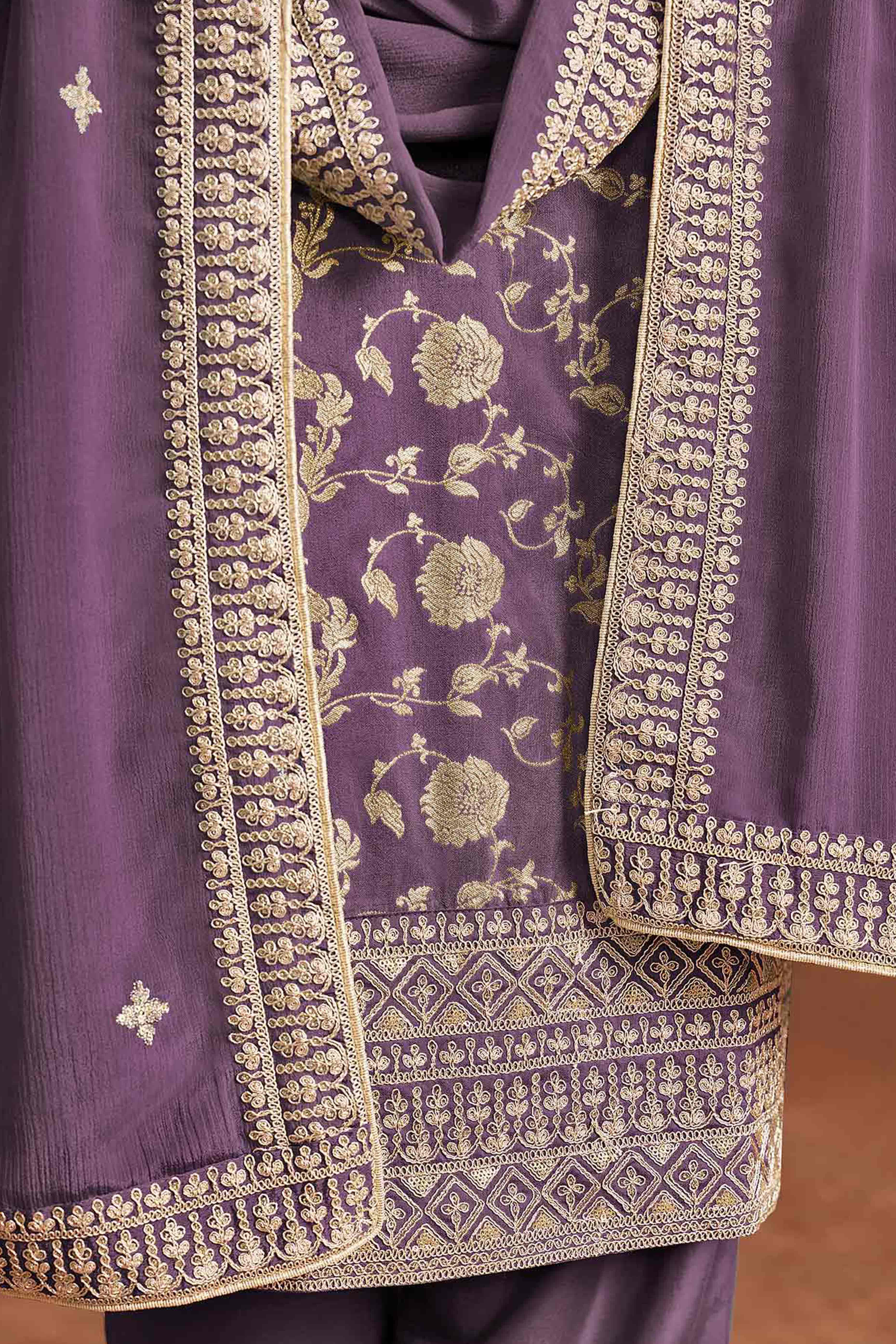 Purple Floral Woven Dola Silk Jacquard Dress Material