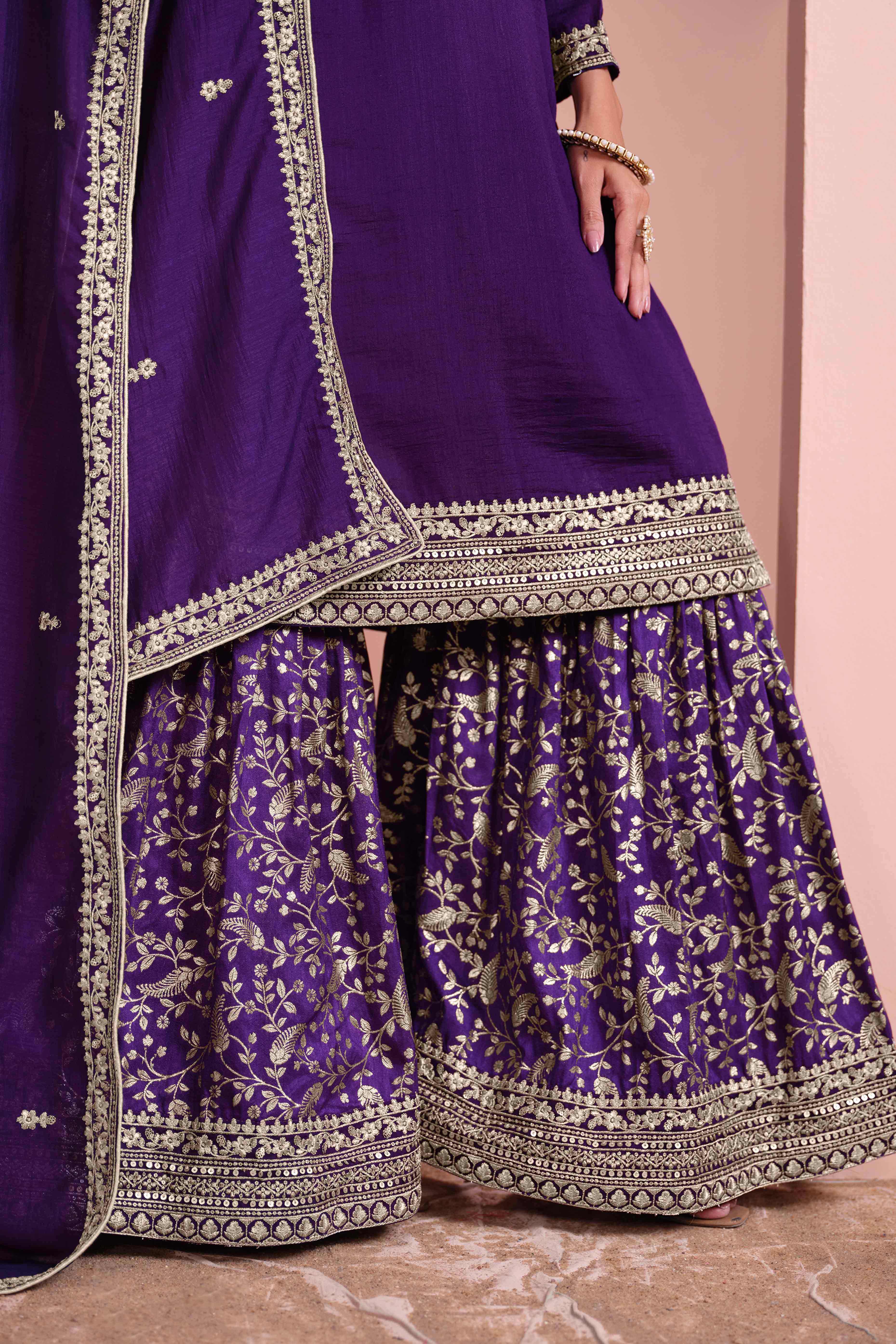Purple Floral Semi-Stitched Art Silk Sharara Suit With Sequins Embroidery Work