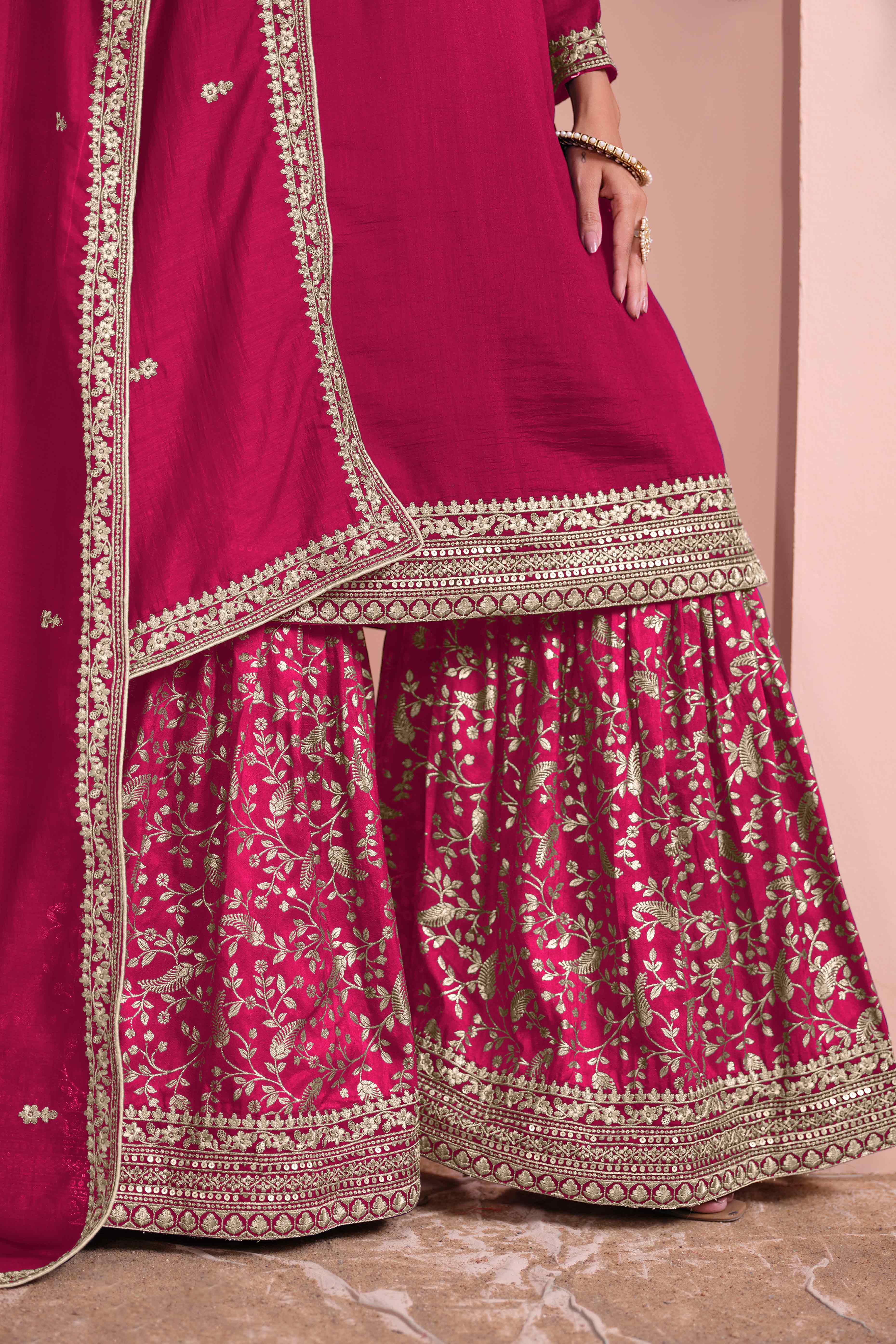 Pink Floral Semi-Stitched Art Silk Sharara Suit With Sequins Embroidery Work