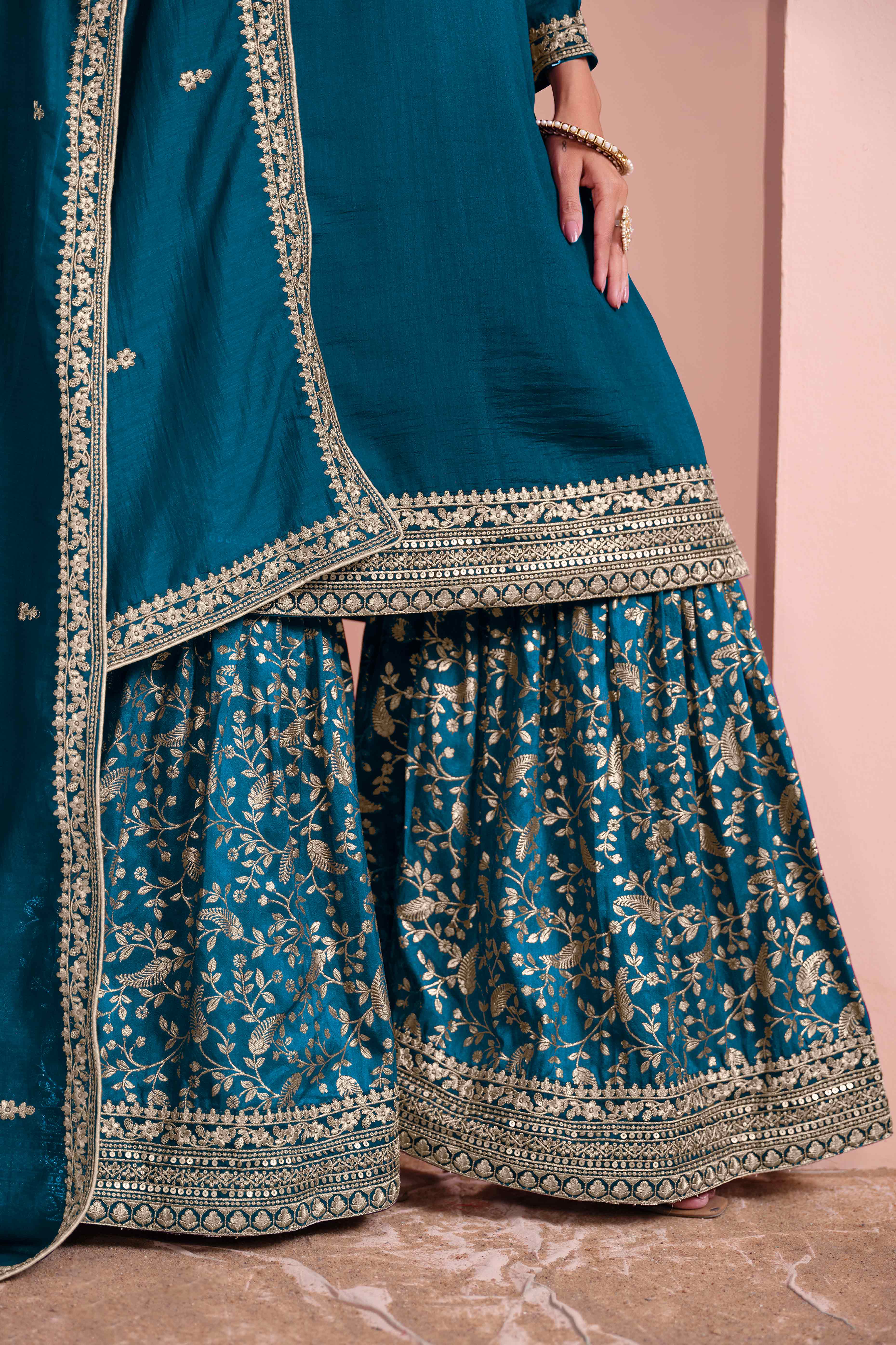 Morpich Floral Semi-Stitched Art Silk Sharara Suit With Sequins Embroidery Work