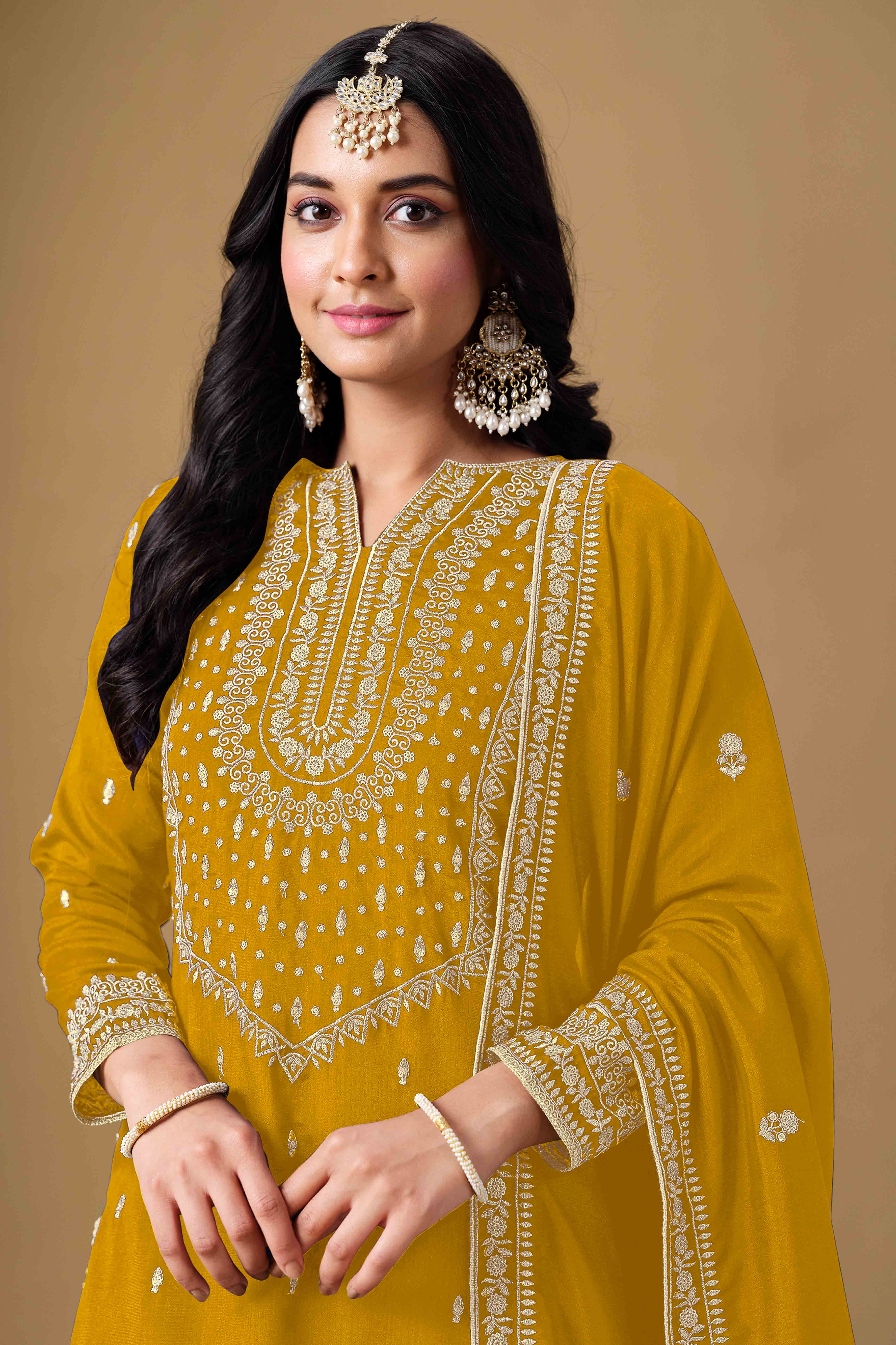 Mustard Art Silk Sharara Suit With Floral Sequins Embroidery Work
