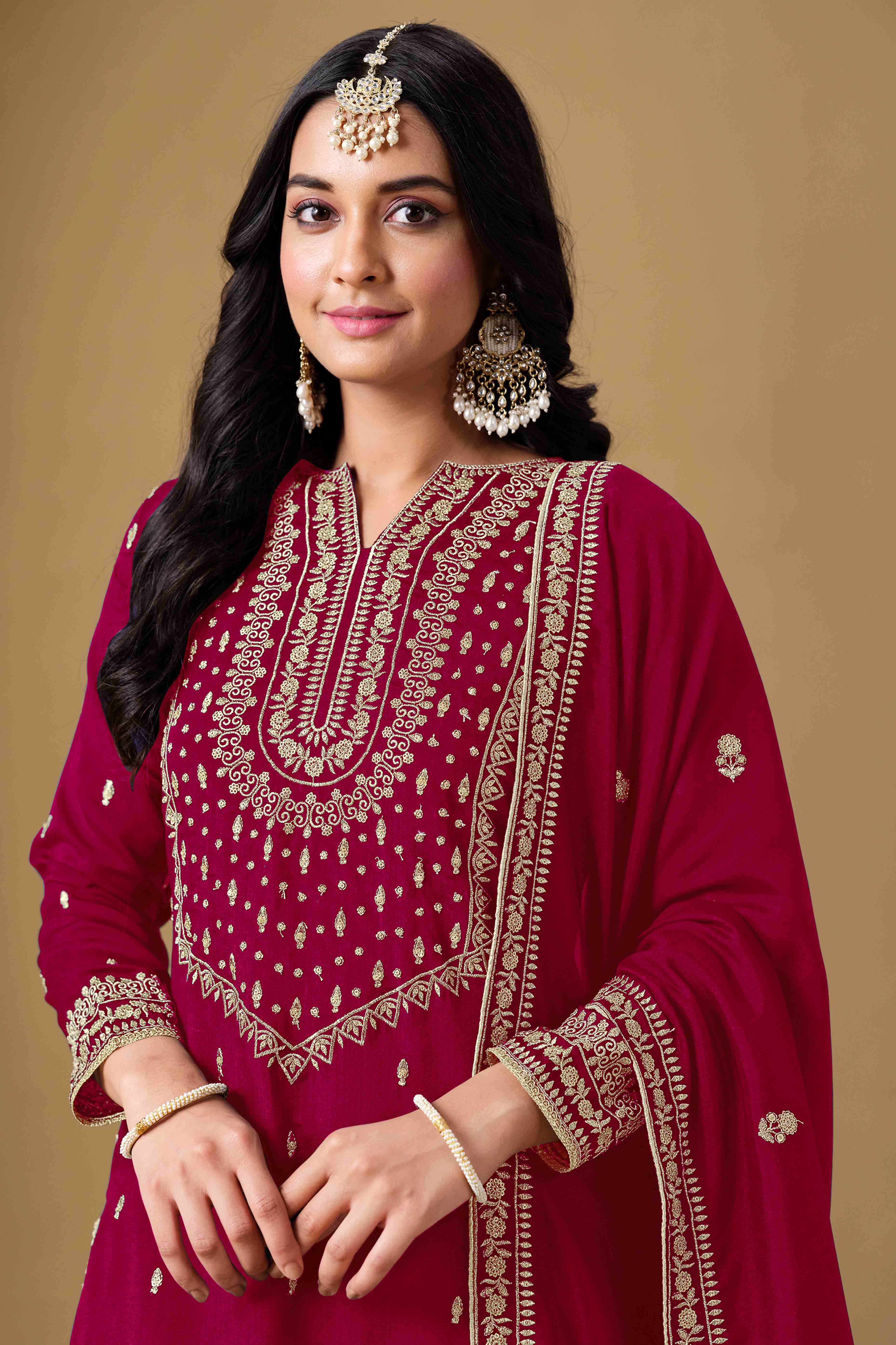 Pink Art Silk Sharara Suit With Floral Sequins Embroidery Work