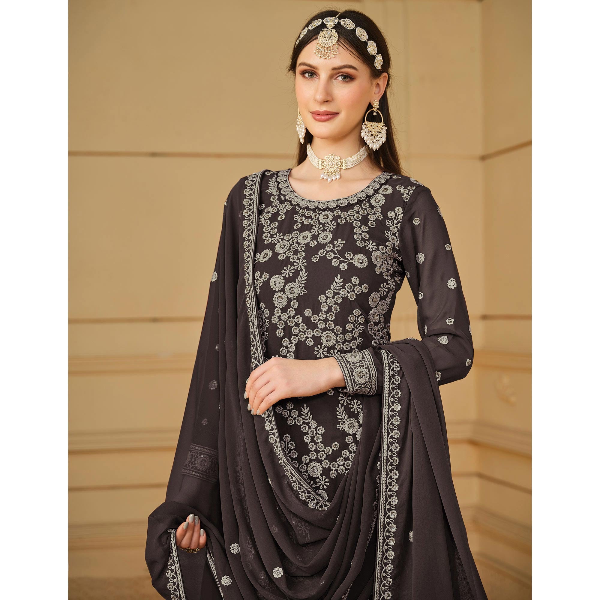 Dark Grey Floral Embroidered Georgette Semi Stitched Sharara Suit
