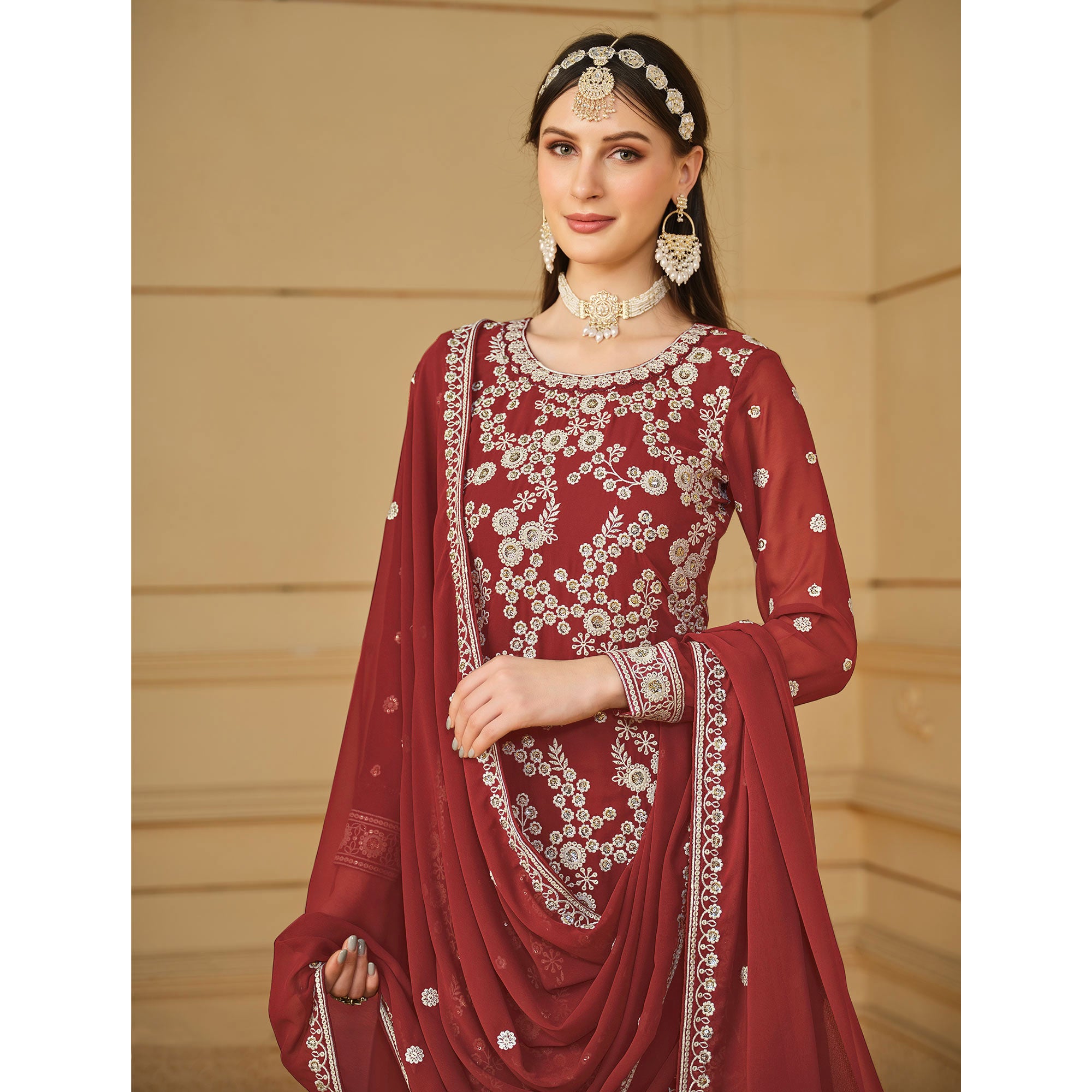 Rust Floral Embroidered Georgette Semi Stitched Sharara Suit